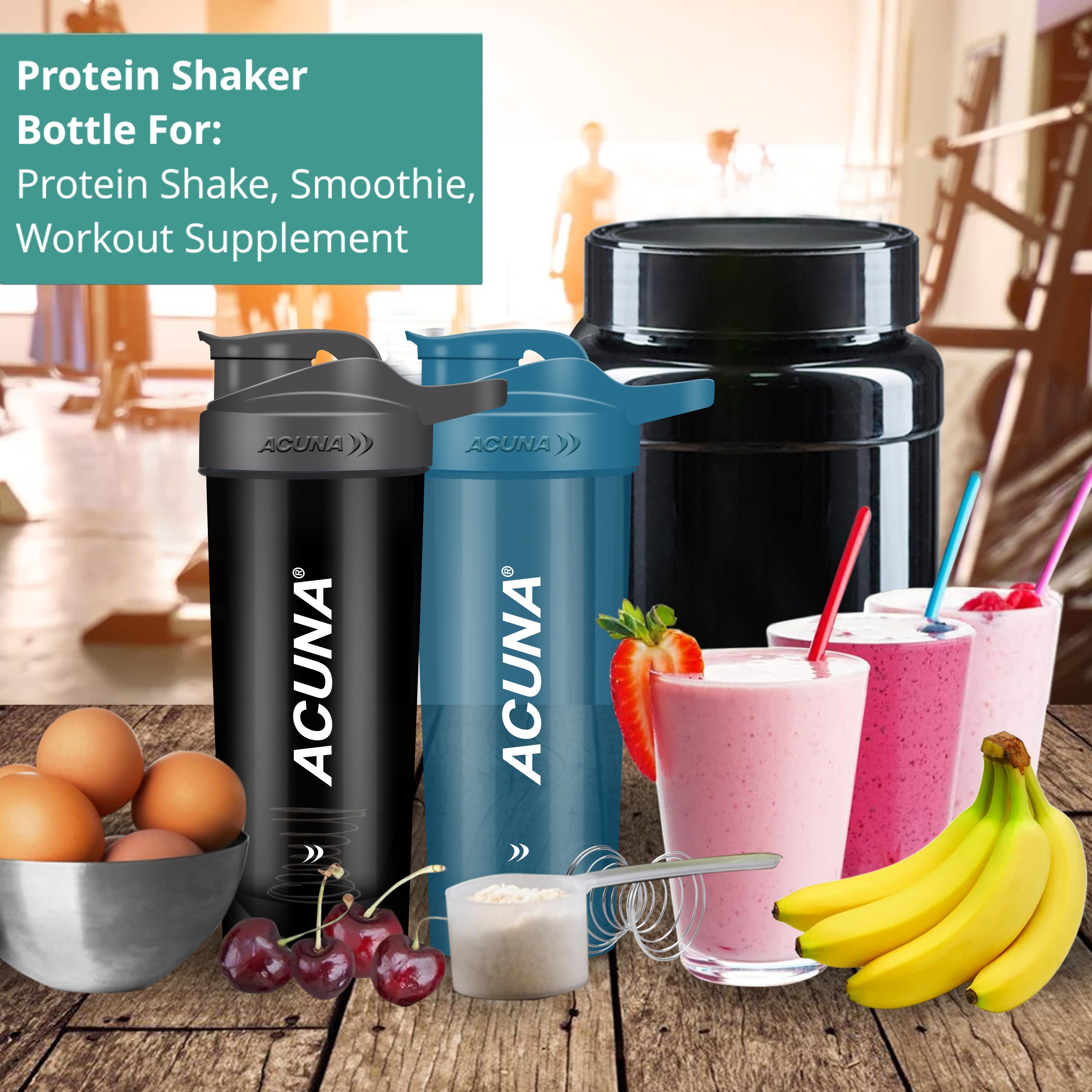 Acuna protein shake smoothie in a stylish shaker bottle, showcasing the Acuna logo and designed for fitness enthusiasts.
