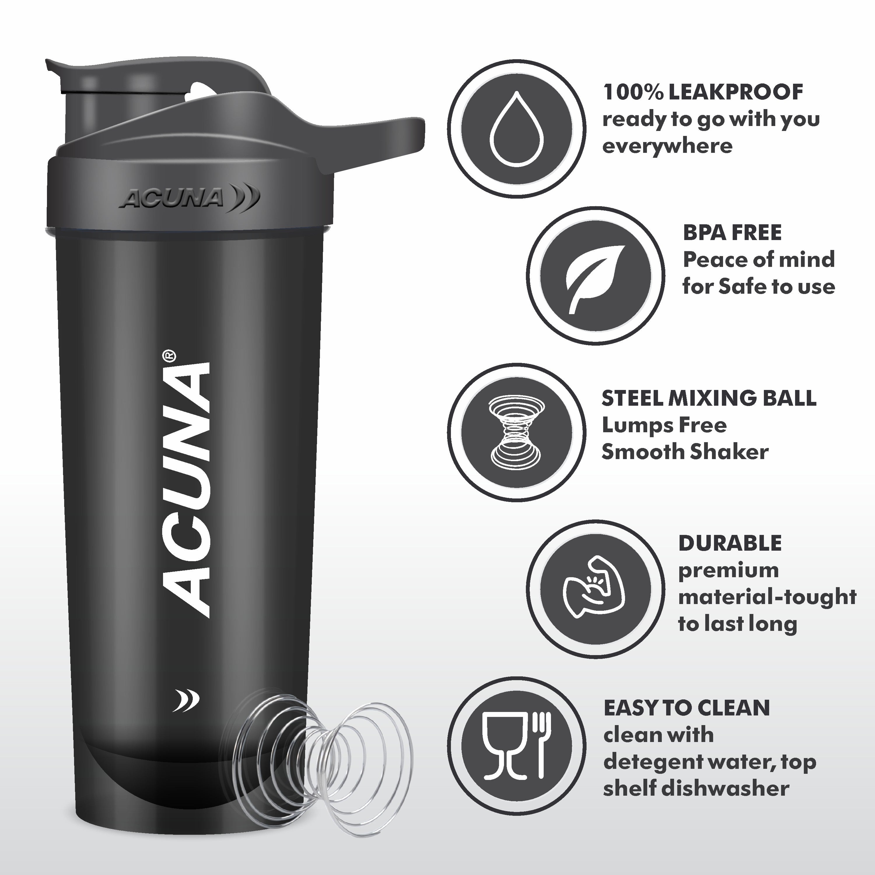 Acuna black shaker bottle with steel mixing ball, BPA-free, leakproof, durable, and easy-to-clean design features.