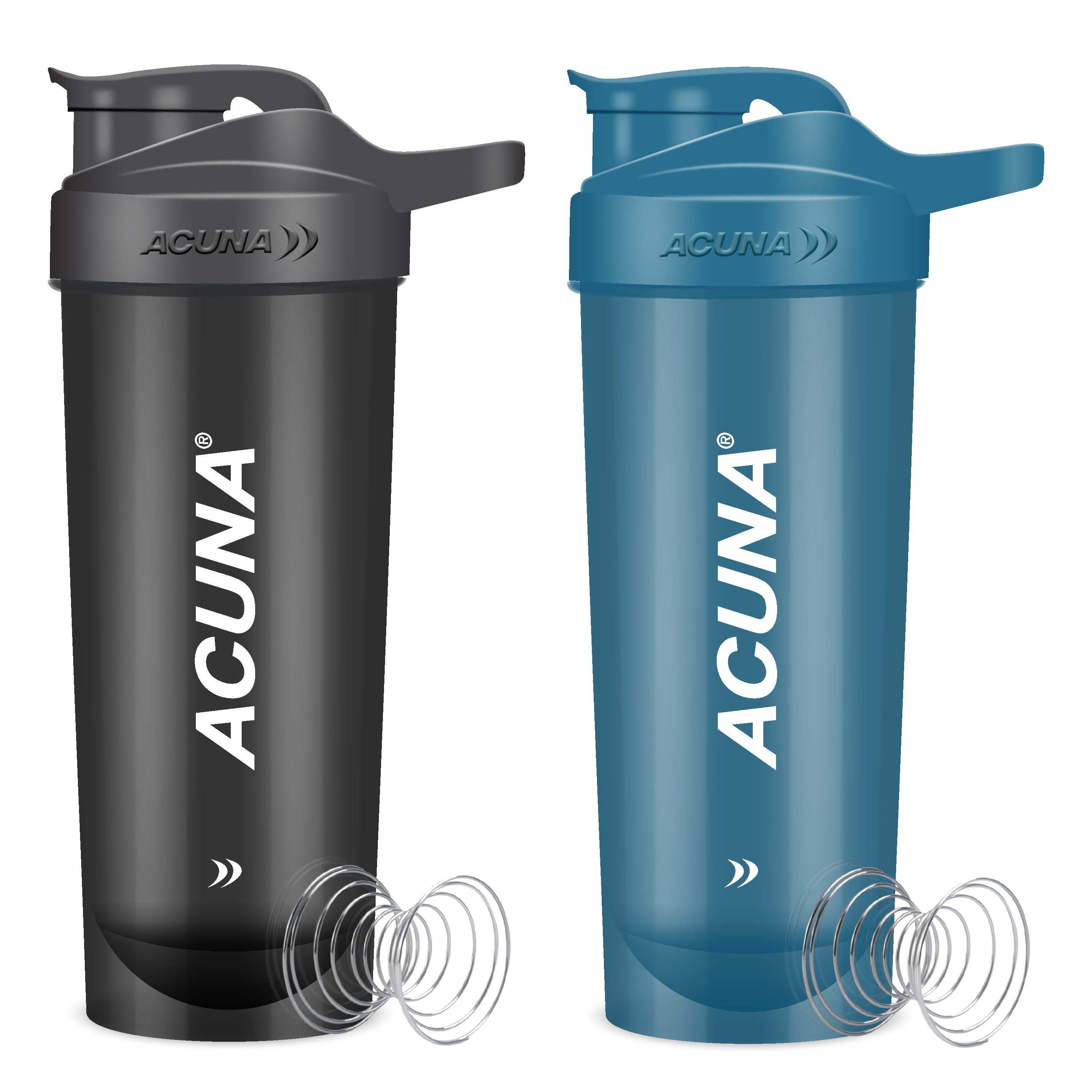 Acuna shaker bottles in black and blue colors with steel mixing balls, designed for smooth, lump-free protein shakes.