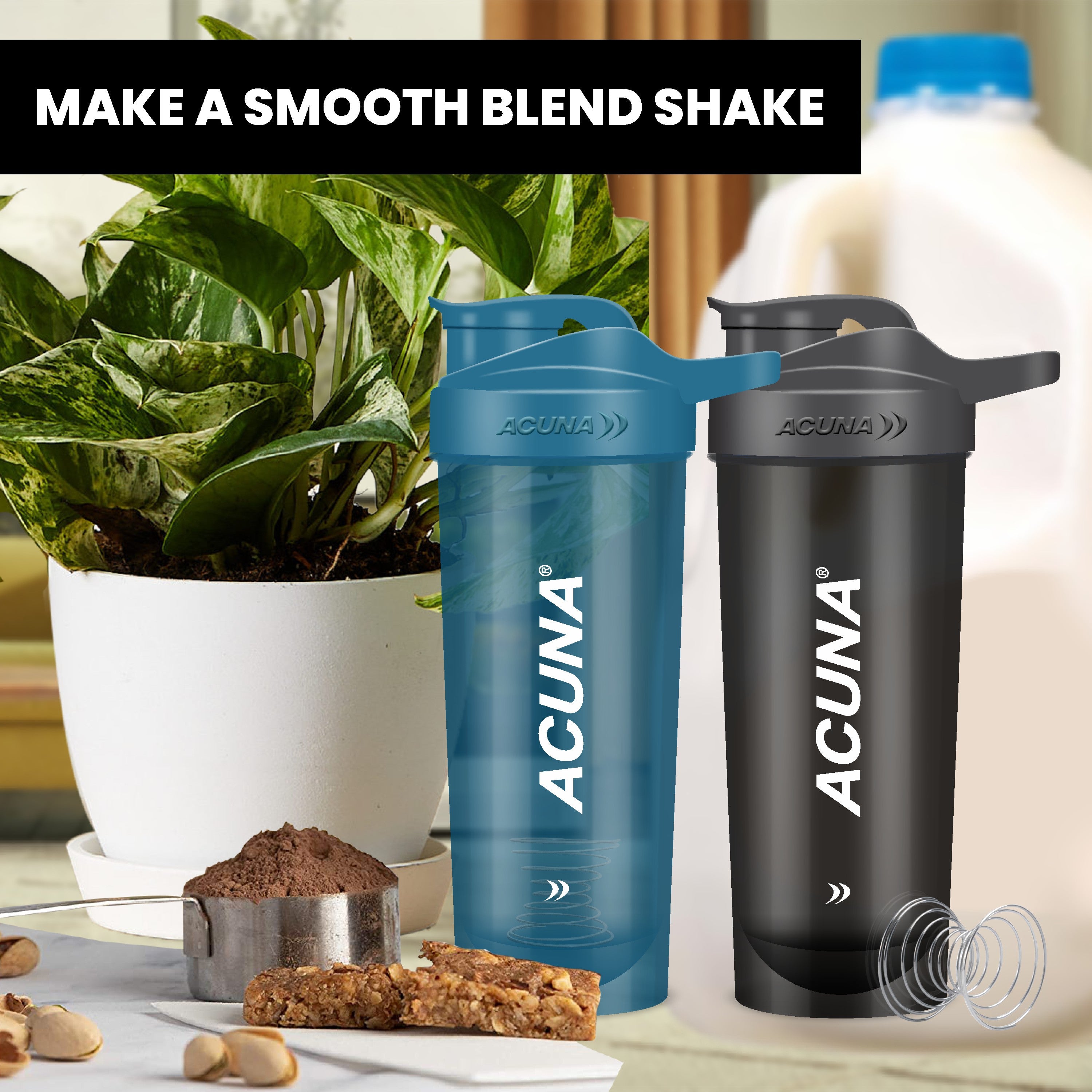 Acuna Series Shaker Bottle in various colors, designed for fitness enthusiasts, featuring a leak-proof lid and BPA-free material.