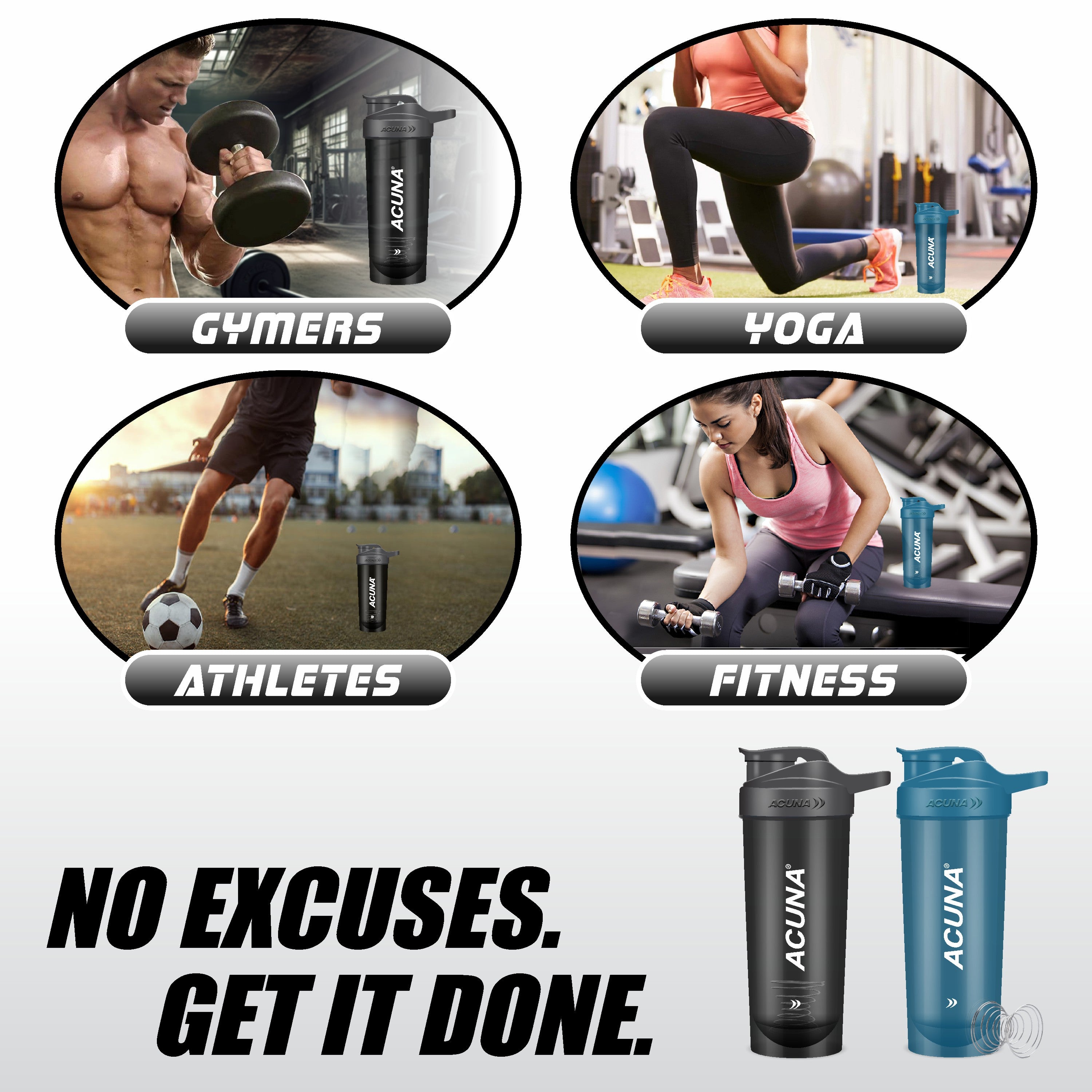 Acuna shaker bottles for gymers, yoga, athletes, and fitness enthusiasts; durable, leakproof, and BPA-free design.