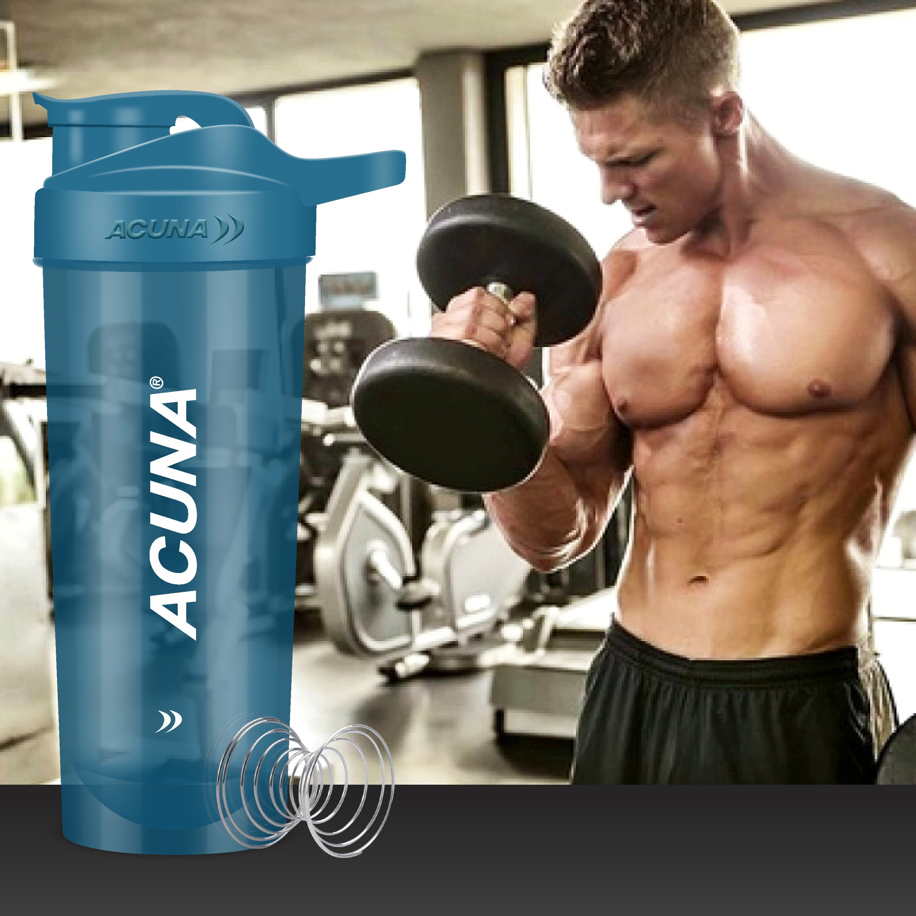 Acuna blue shaker bottle with stainless steel mixer ball, ideal for gym workouts, protein shakes, and fitness enthusiasts.