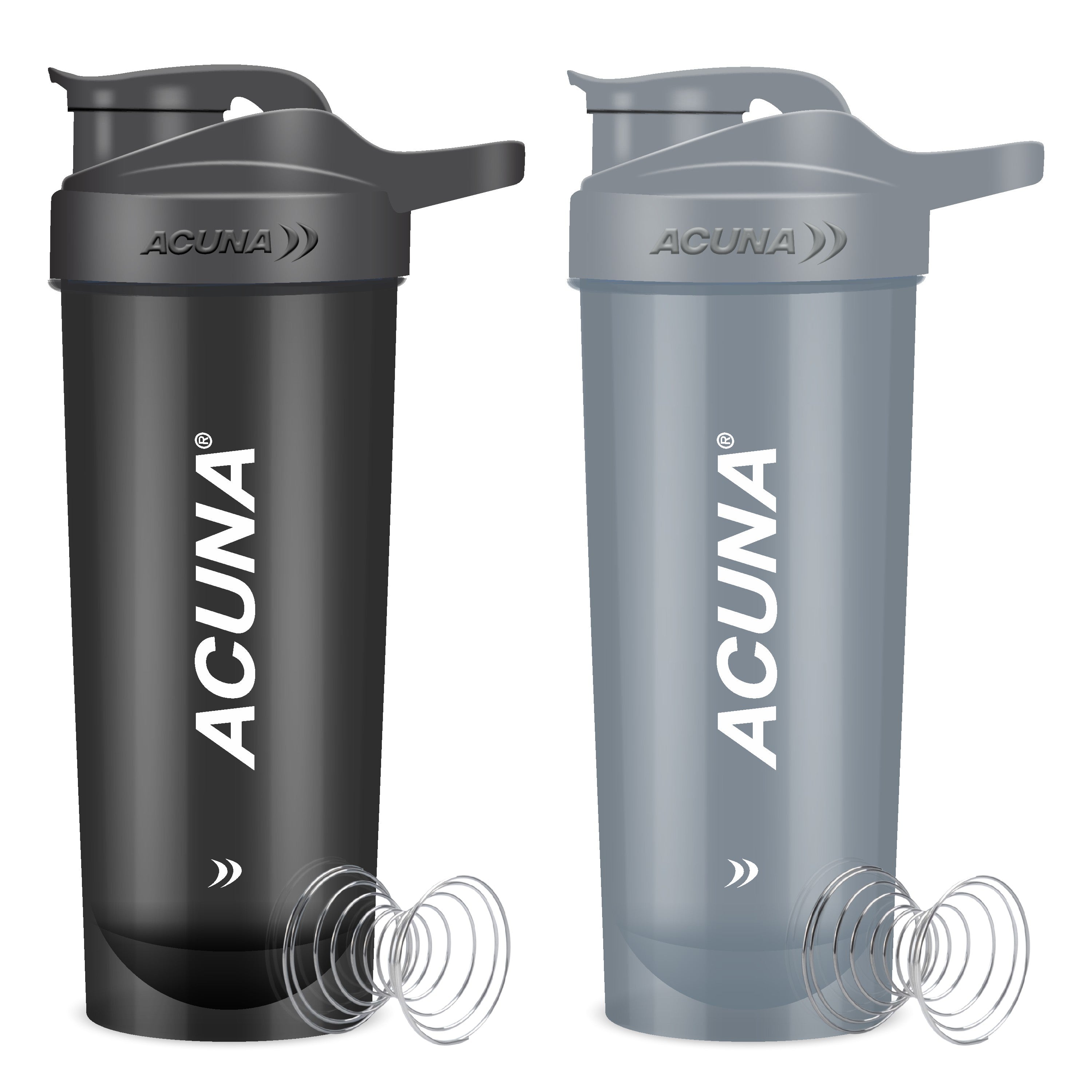 Acuna 2-pack 24oz/700ml shaker bottles in black and Gray with steel mixing balls for smooth, lump-free protein shakes.