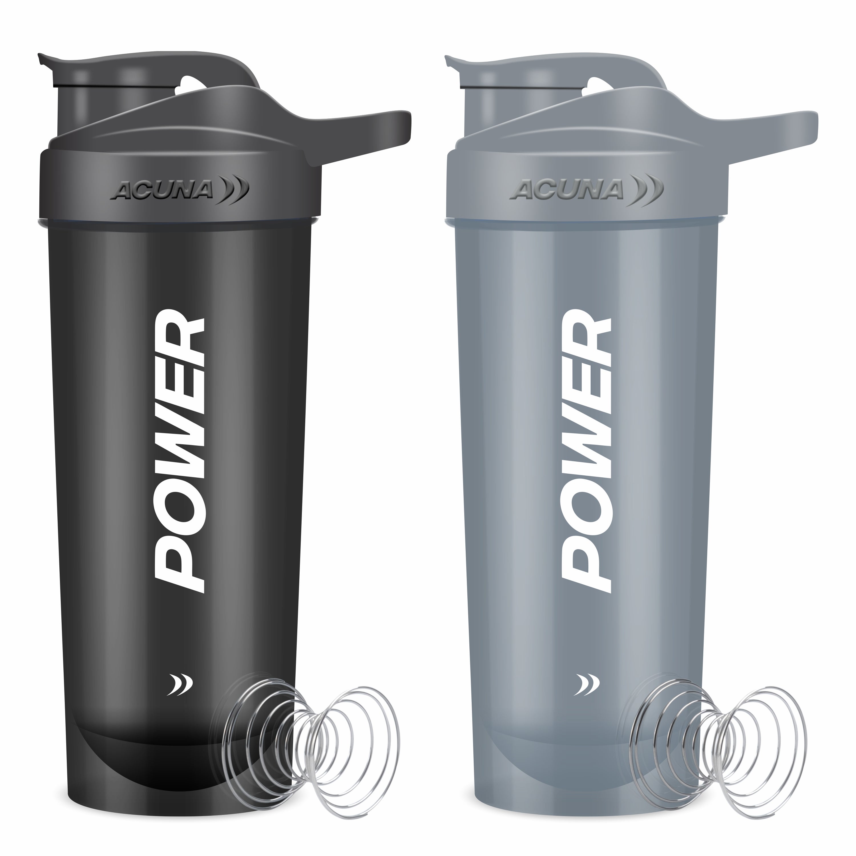 Acuna Two protein shaker bottles featuring "Power," designed for stylish and functional hydration.