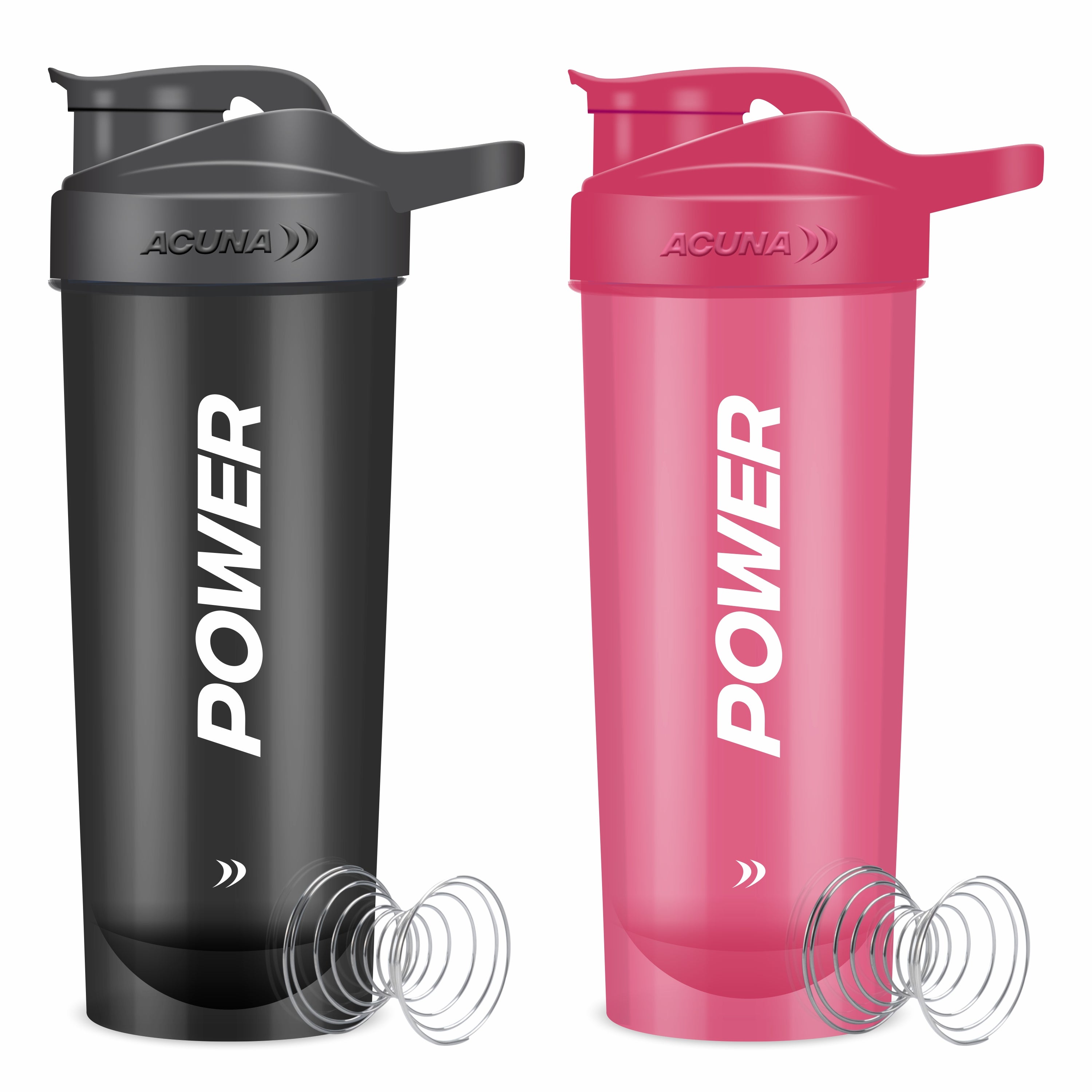 Power Series protein shaker bottles with a "Power" design, featuring a leak-proof lid and bold colors for fitness use.