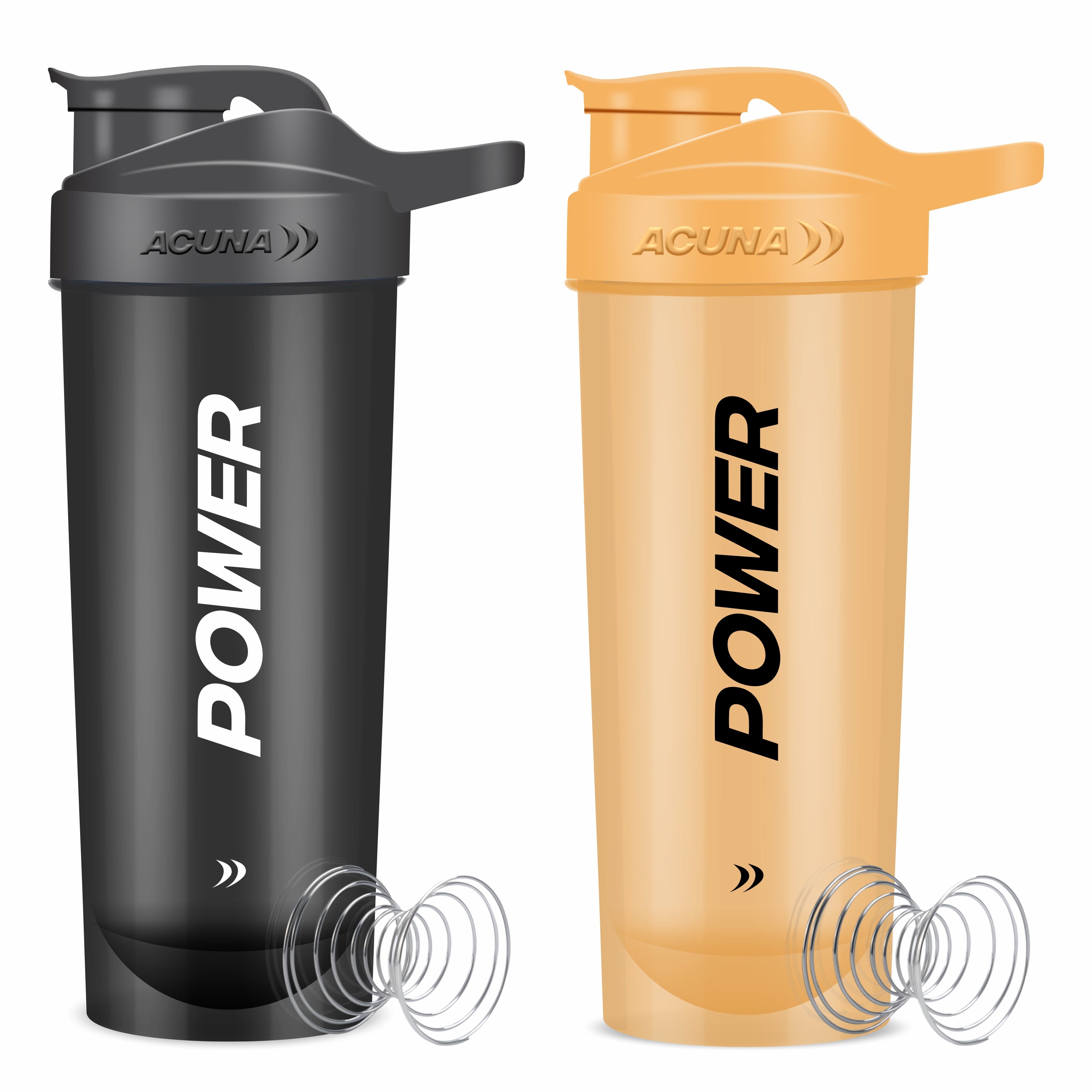 Acuna Fitness black and orange protein shaker bottles with 'POWER' design and mixing balls, ideal for gym workouts.