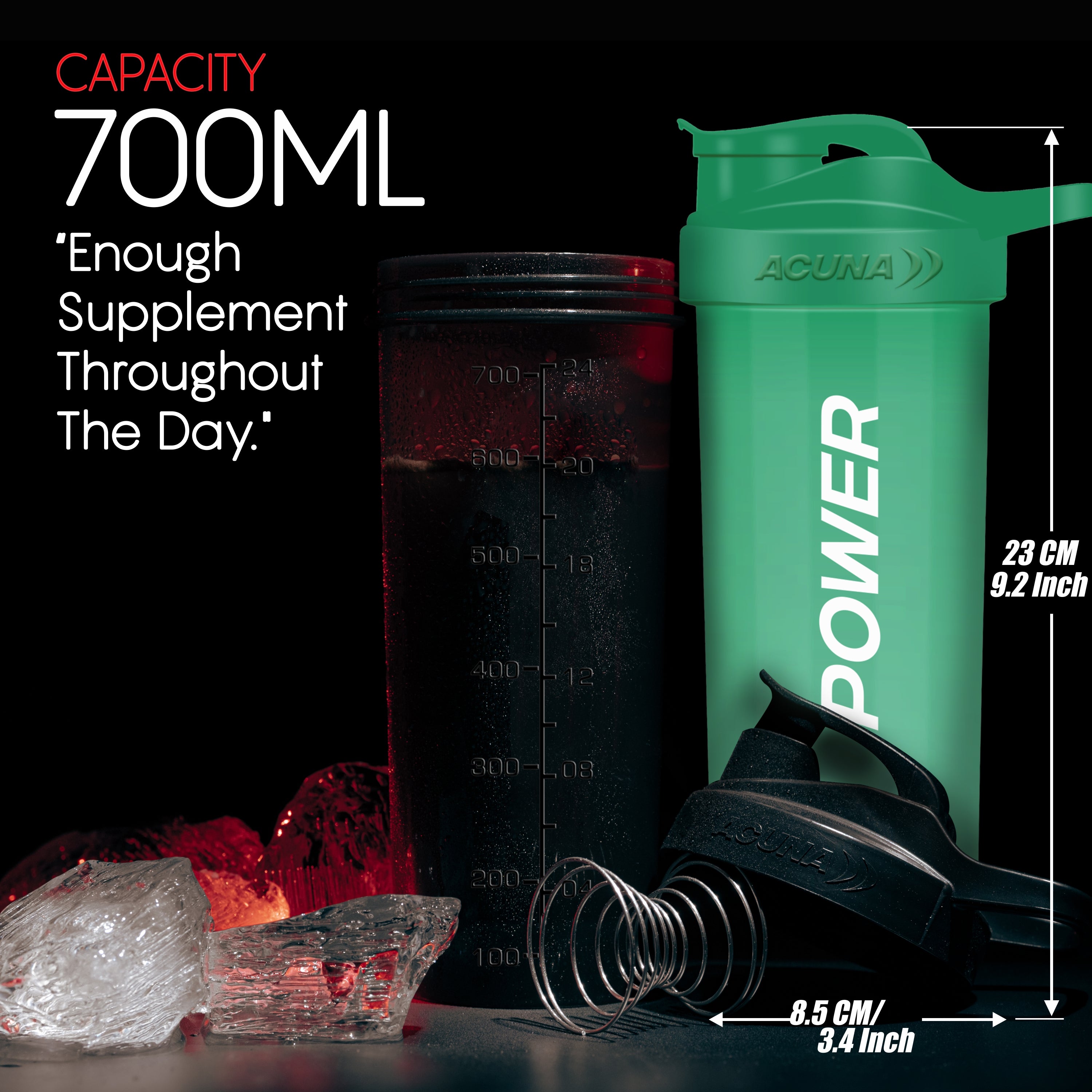 A green shaker bottle with the word "Power" displayed, alongside a container of protein powder, emphasizing fitness and strength.