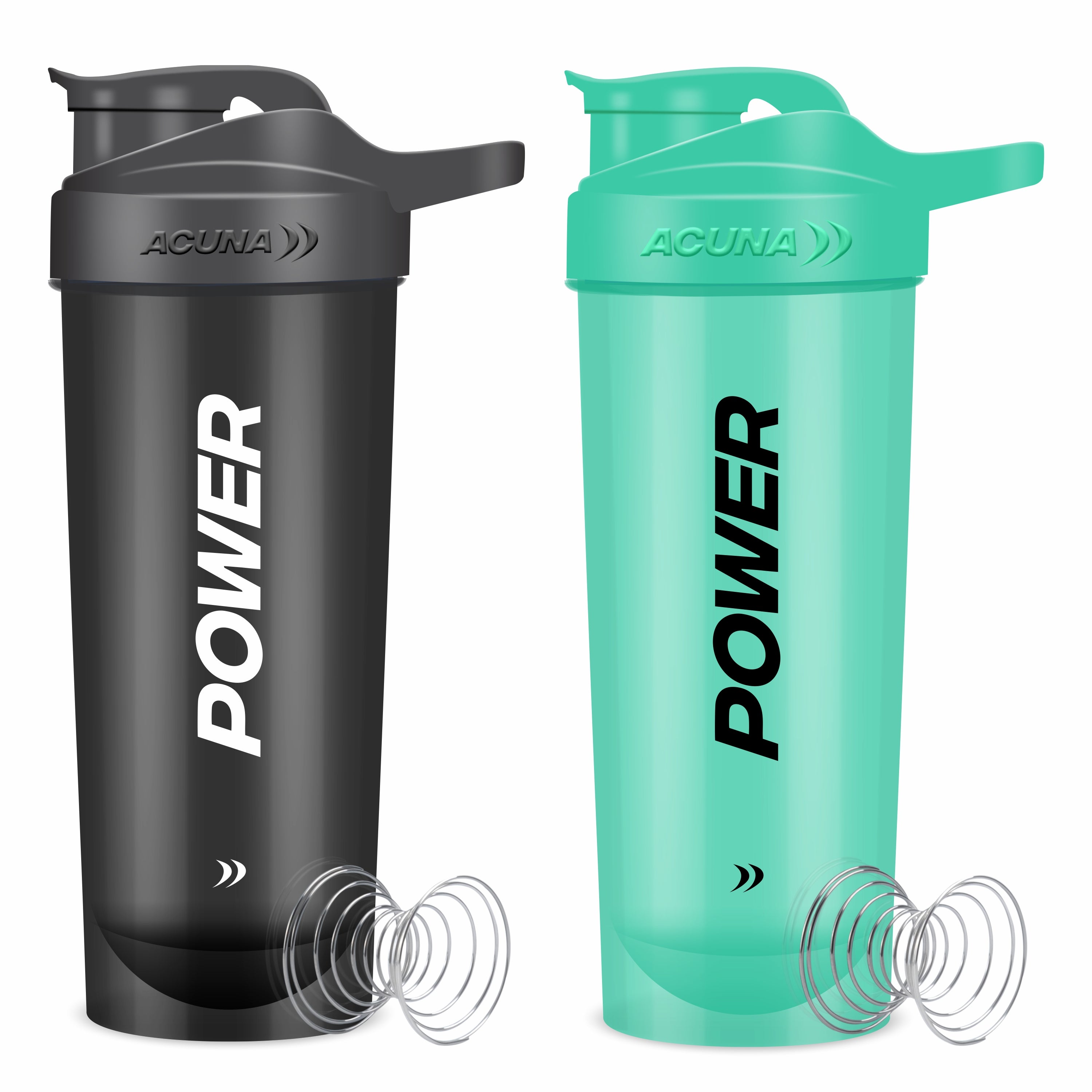 Acuna Protein Shaker Bottles prominently display the word "Power," symbolizing strength and performance in fitness and hydration.