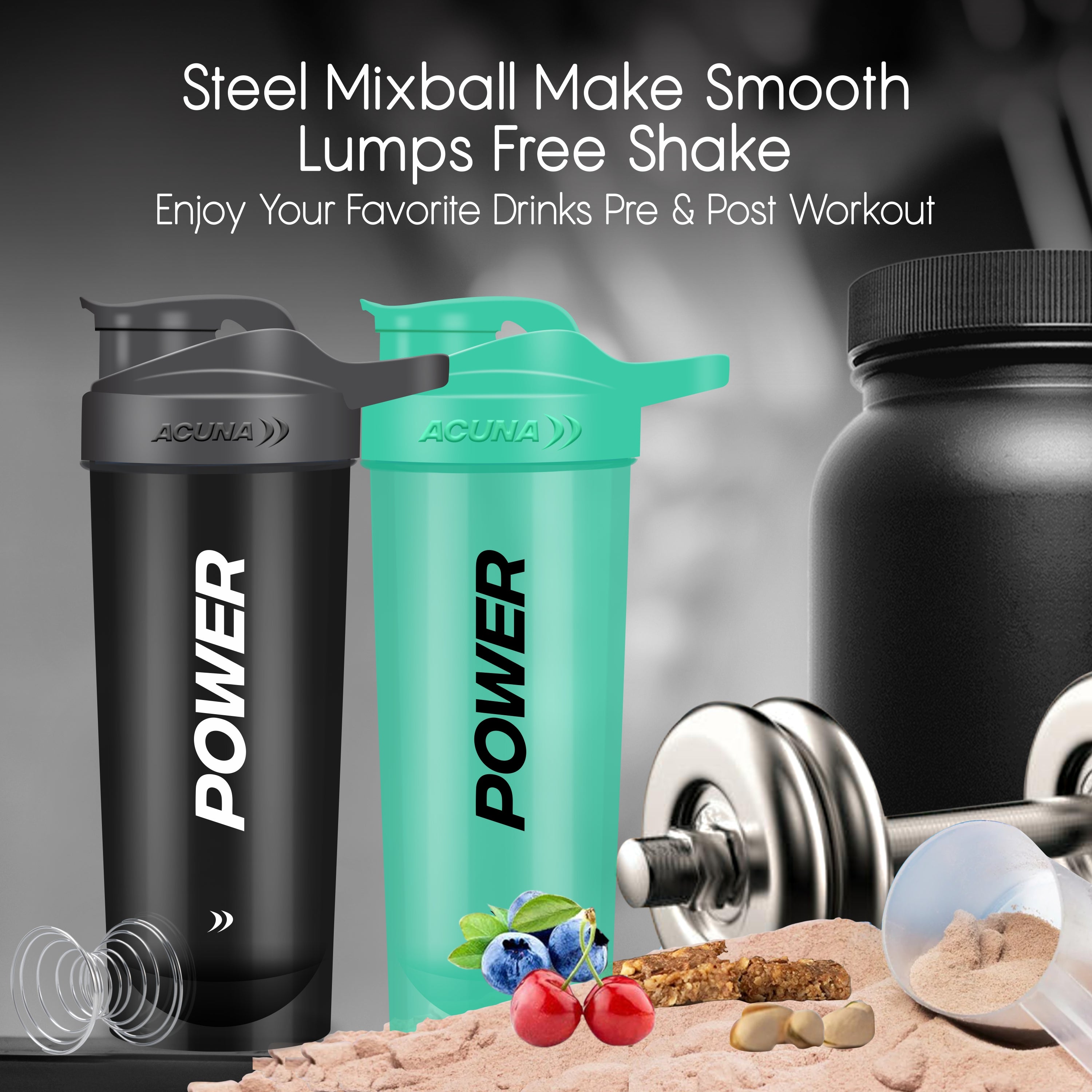 Power blender displayed with "Steel Mixball" label, emphasizing its ability to create smooth, lump-free shakes for workouts.