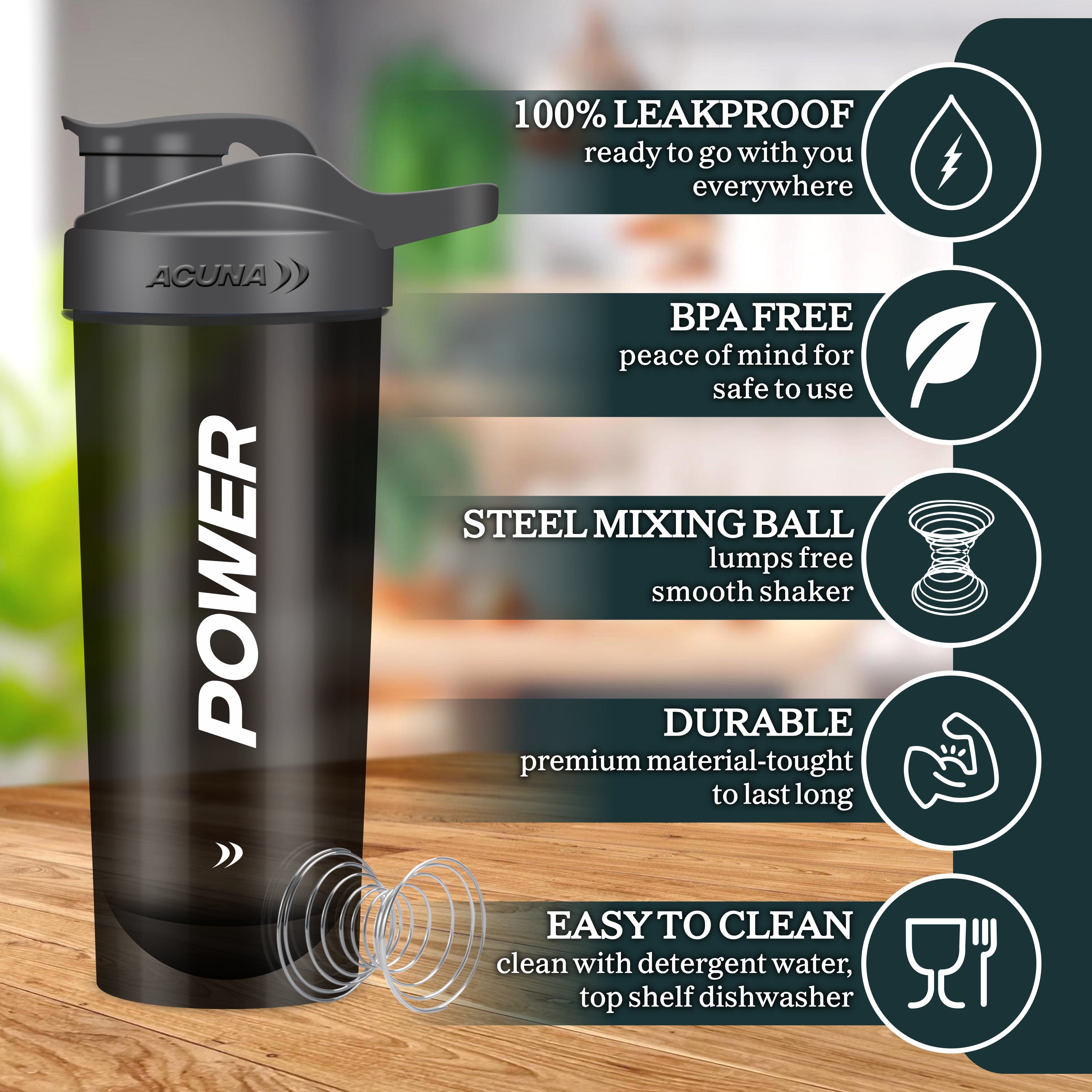 Acuna Fitness POWER protein shaker bottles with leakproof lids, BPA-free material, steel mixing ball, and easy-to-clean design.