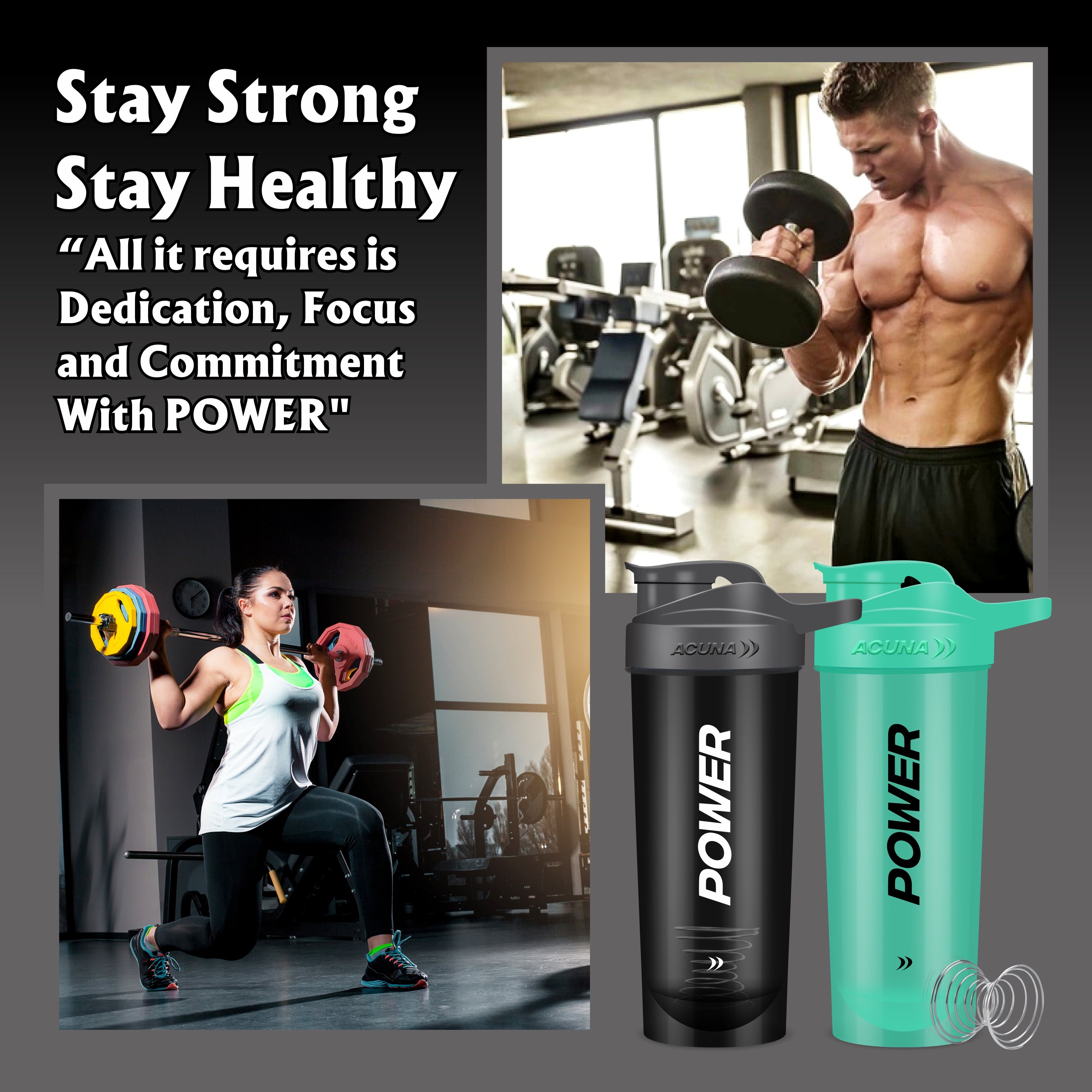 Acuna Fitness POWER shaker bottles with gym enthusiasts lifting weights, promoting strength, focus, and dedication.