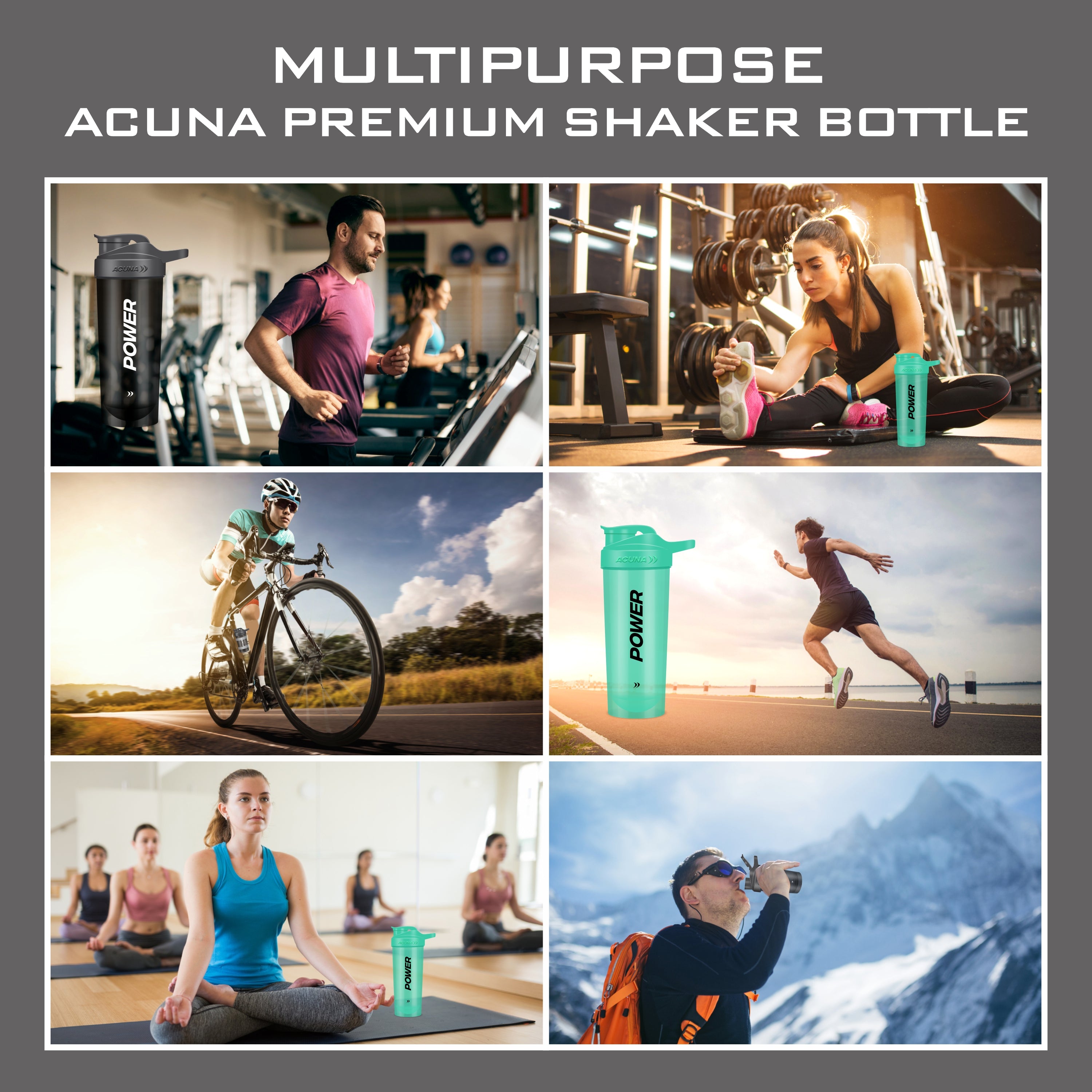 Acuna Fitness multipurpose shaker bottle for gym, yoga, cycling, running, hiking, and everyday hydration needs.