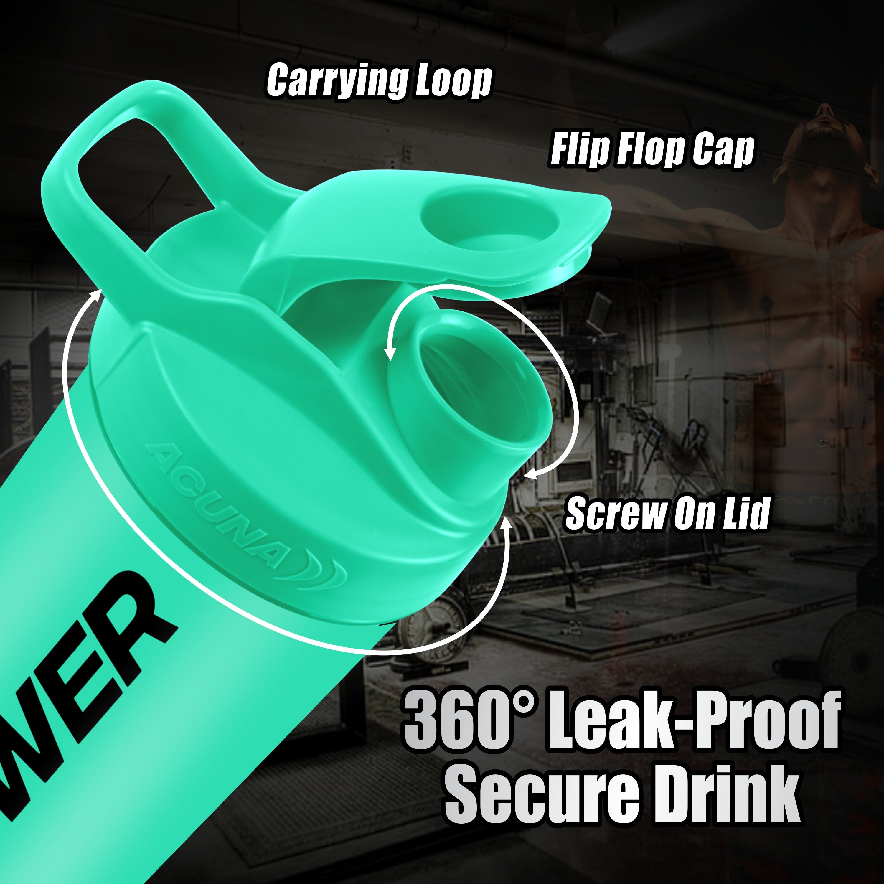 Power Series Shaker Bottle displays "leakproof" and "360-degree leakproof" labels, highlighting its functional and stylish features.