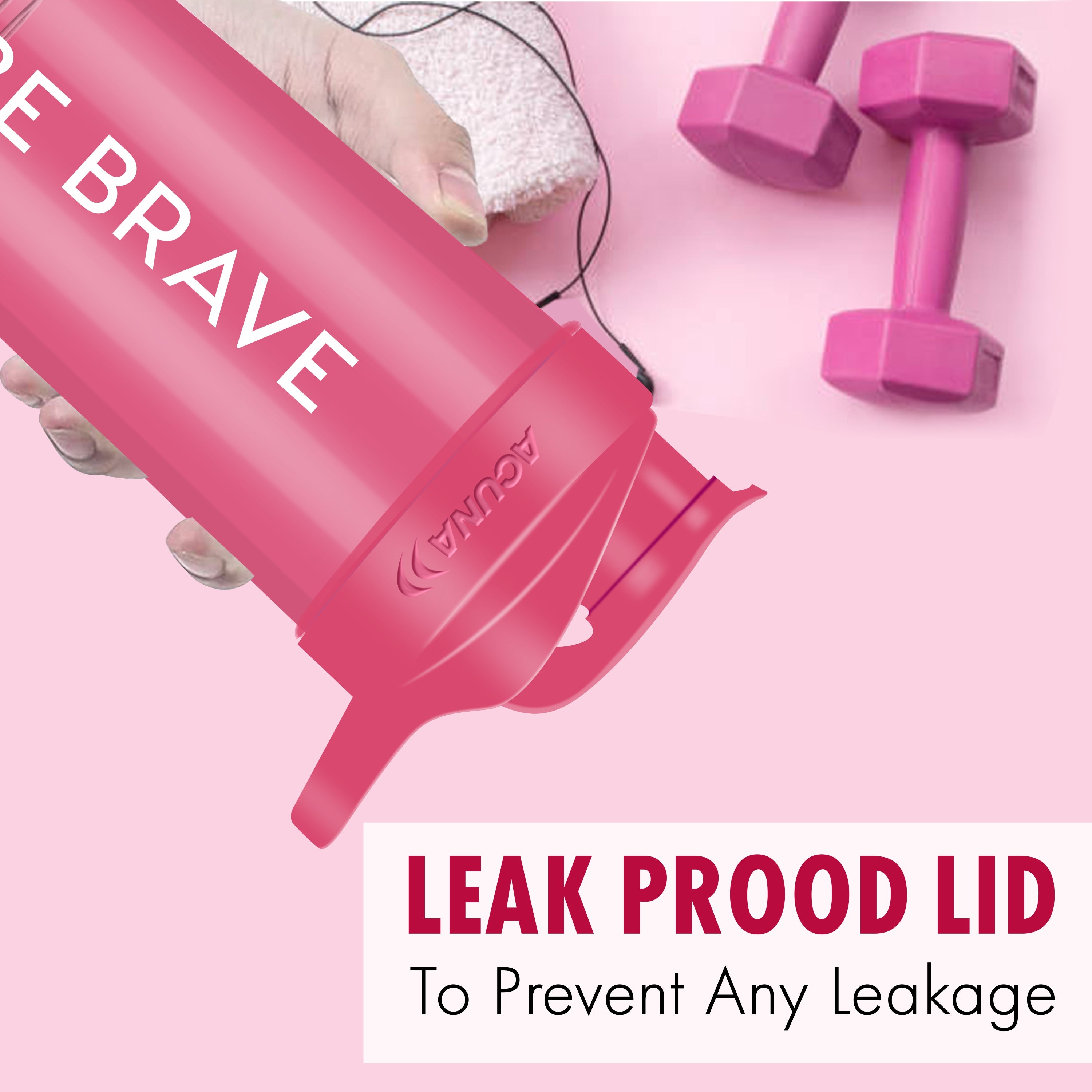Two pink "Be Brave" shaker bottles with leak-proof lids, designed for fitness enthusiasts to inspire hydration and motivation.