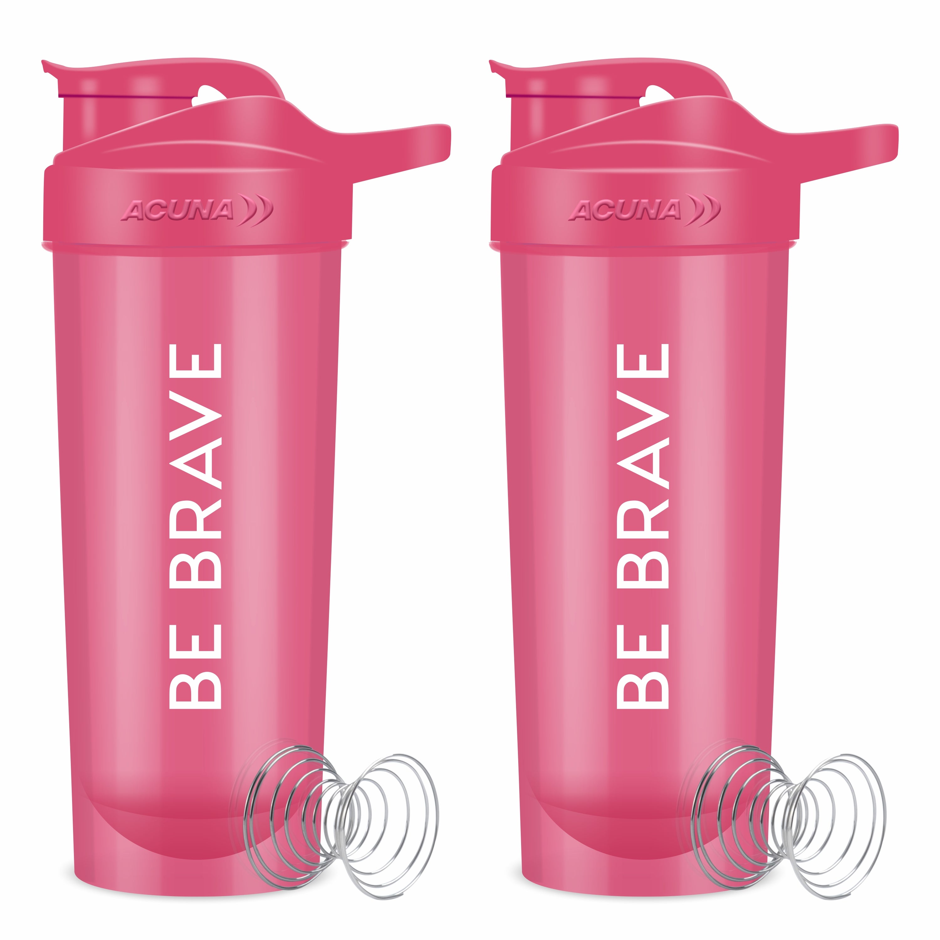 Two pink Acuna "Be Brave" shaker bottles with stainless steel mixer balls, ideal for protein shakes and supplements.