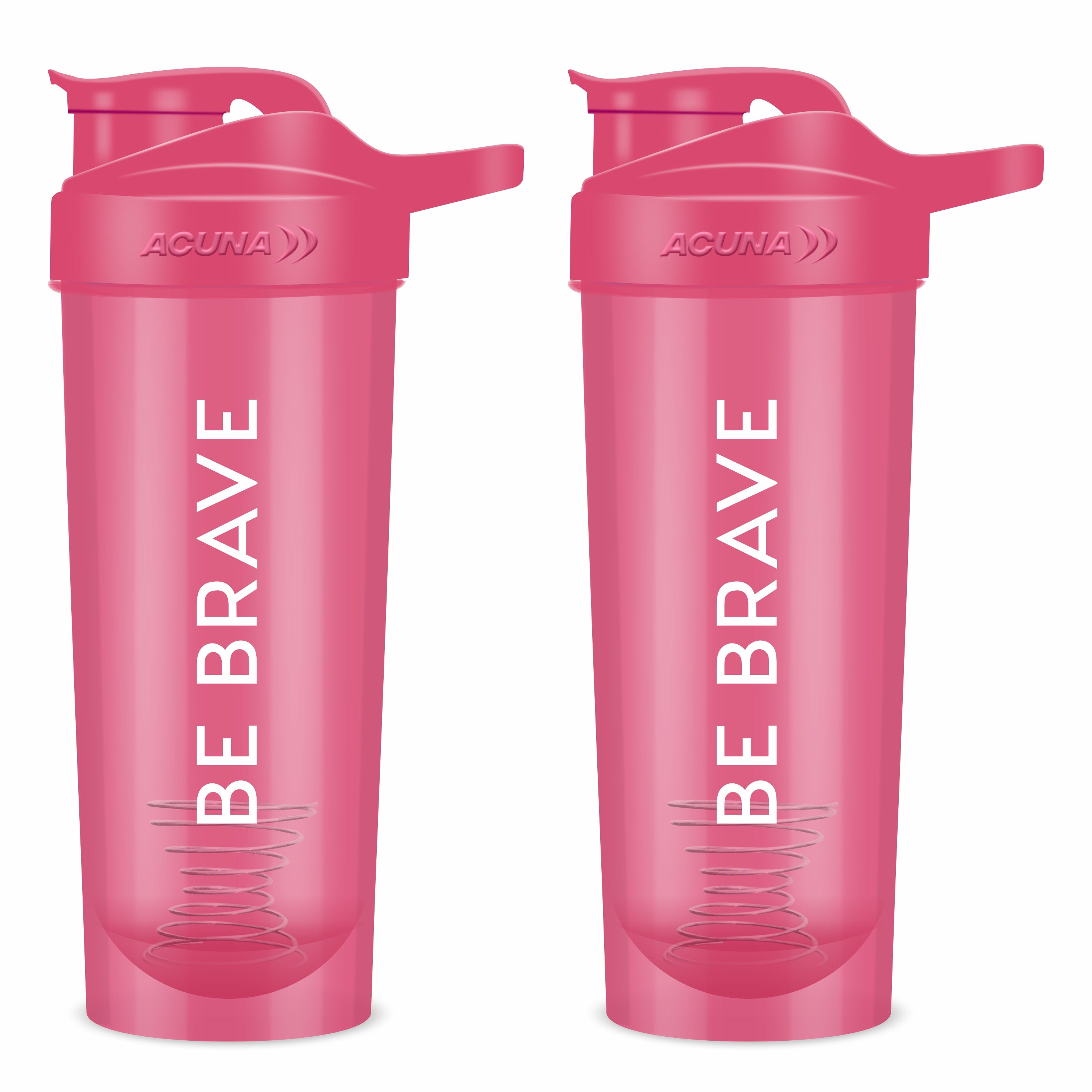 Two pink shaker bottles with "Be Brave" printed on them, designed for motivation during workouts and daily routines.