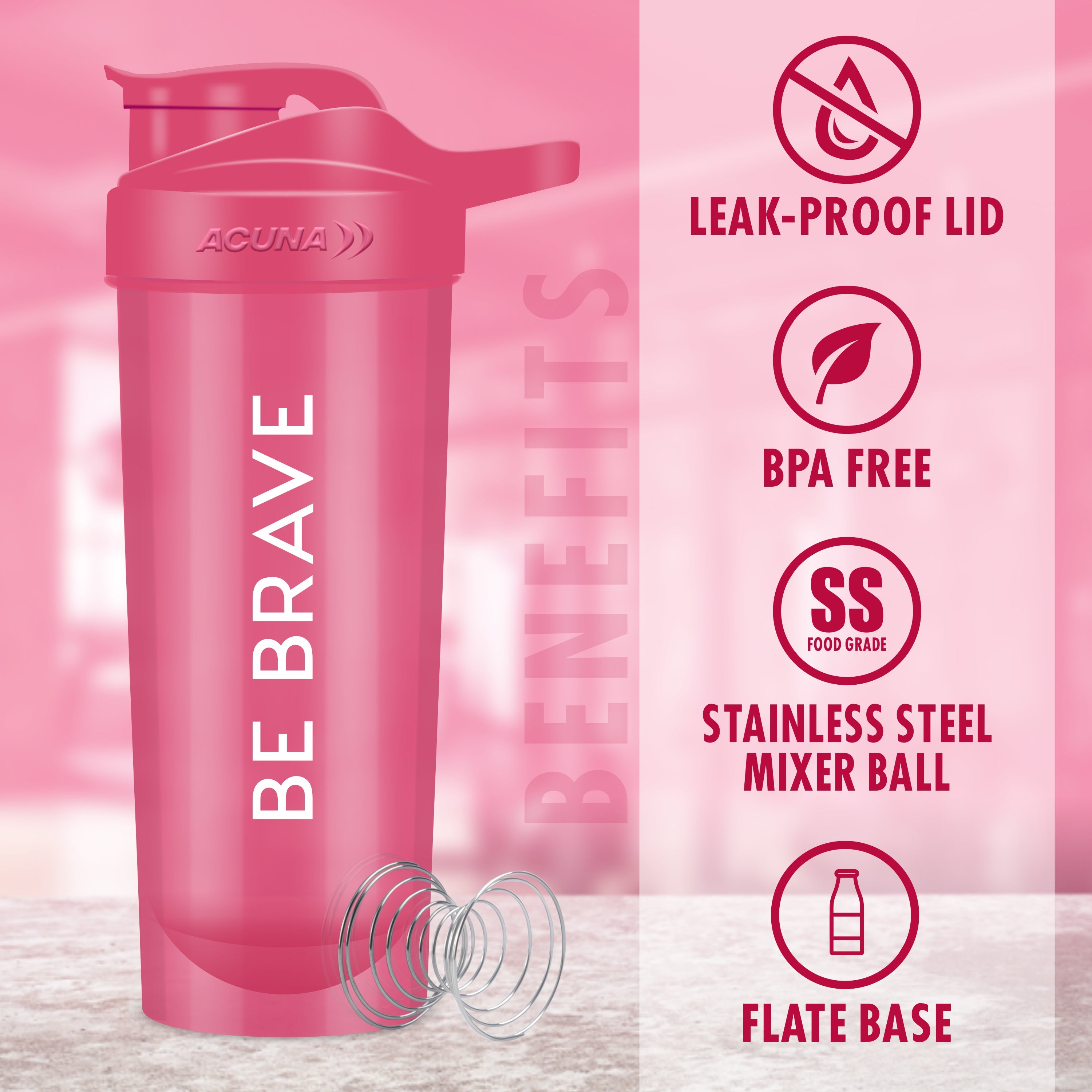 Pink Acuna shaker bottle with "Be Brave" text, featuring leak-proof lid, BPA-free design, and stainless steel mixer ball.