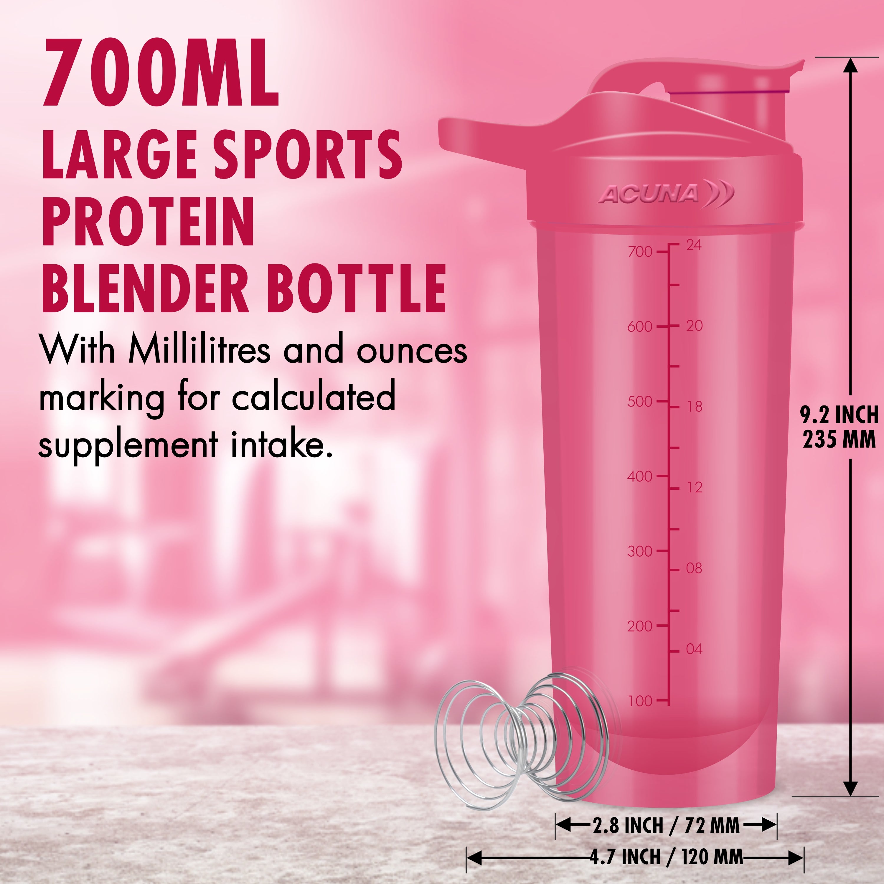 Acuna 700ml sports protein shaker bottle with measurement markings in milliliters and ounces for precise mixing.