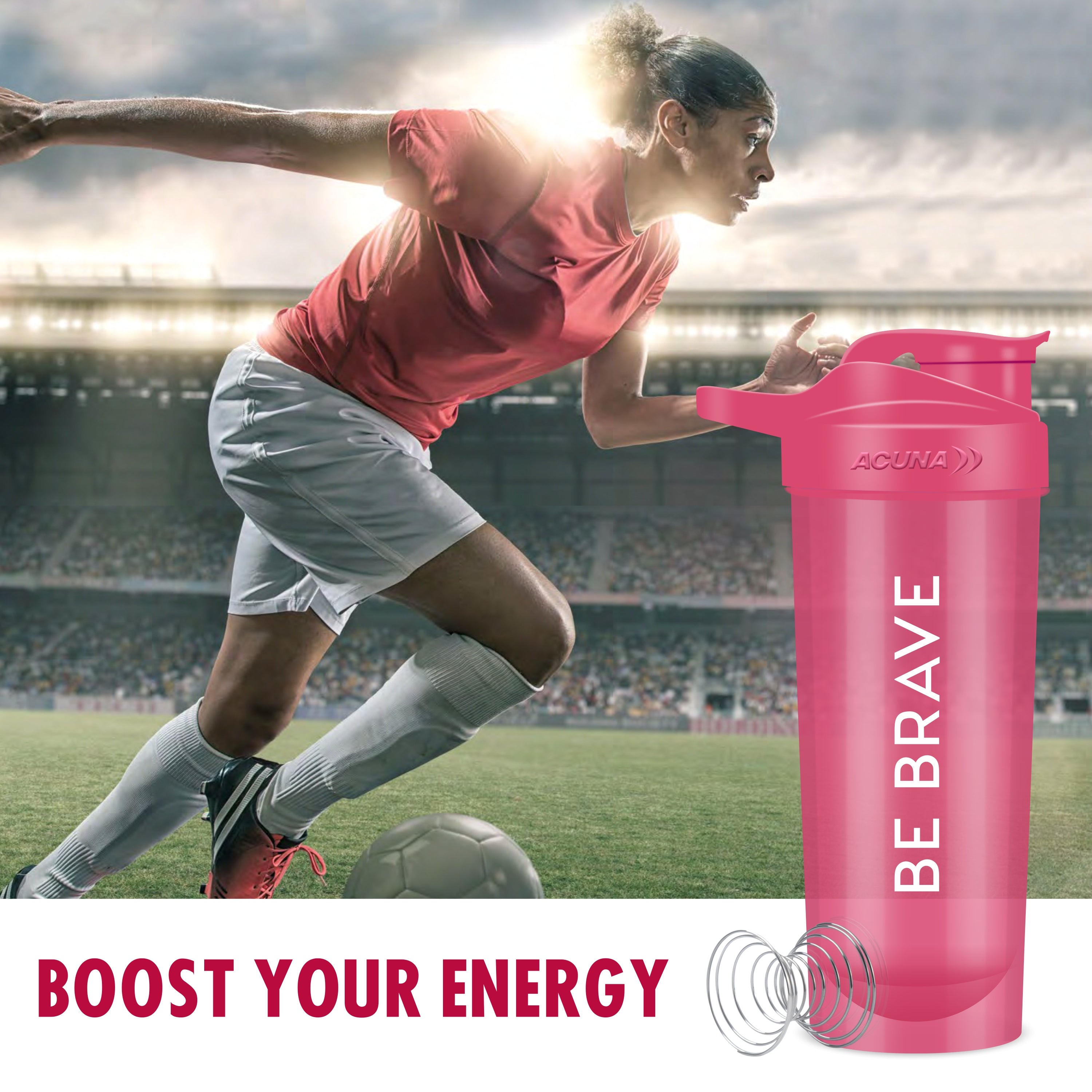 Female soccer player in action with Acuna "Be Brave" pink shaker bottle, designed to boost energy and performance.