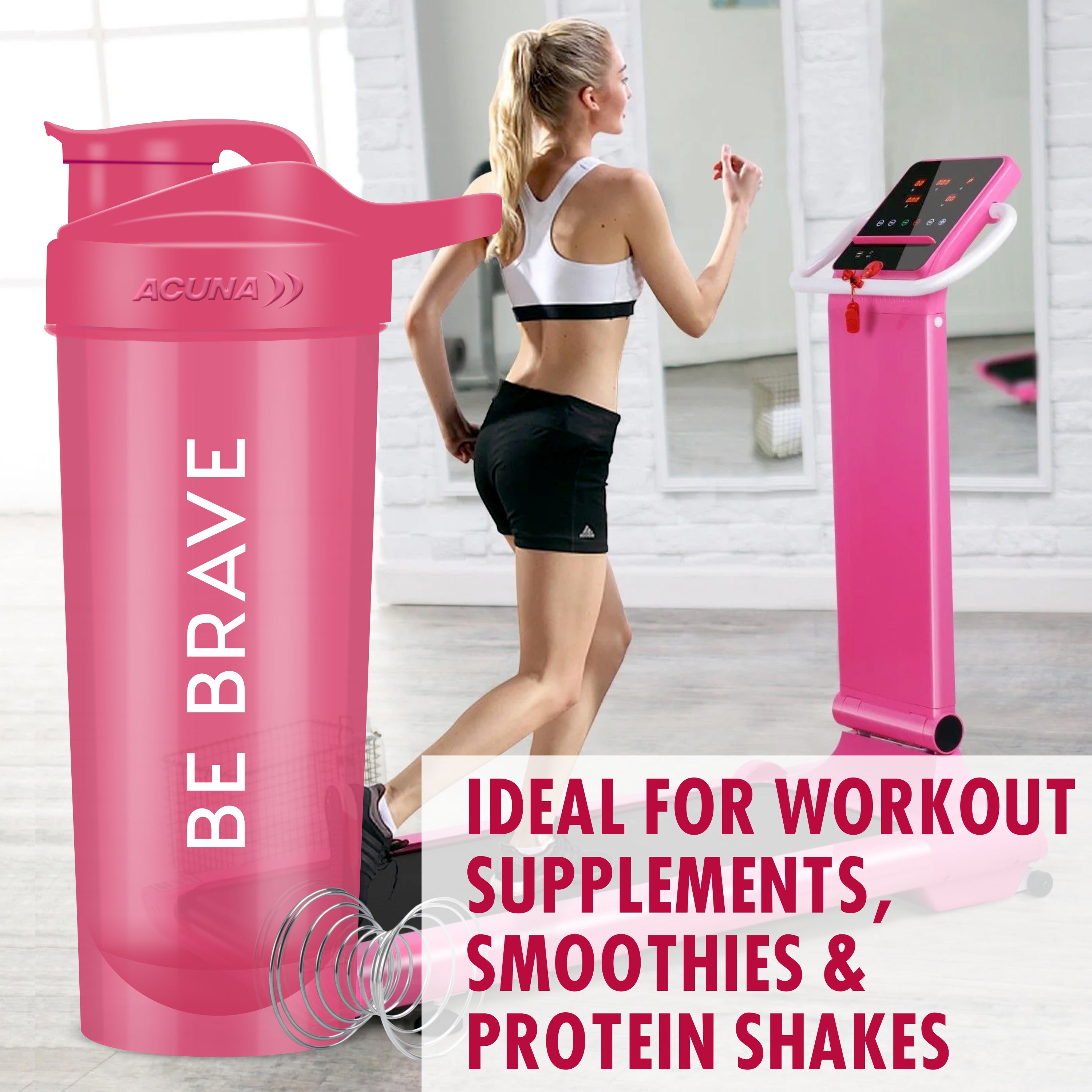 Acuna pink protein shaker bottle is ideal for workout supplements, smoothies, and protein shakes with fitness inspiration.