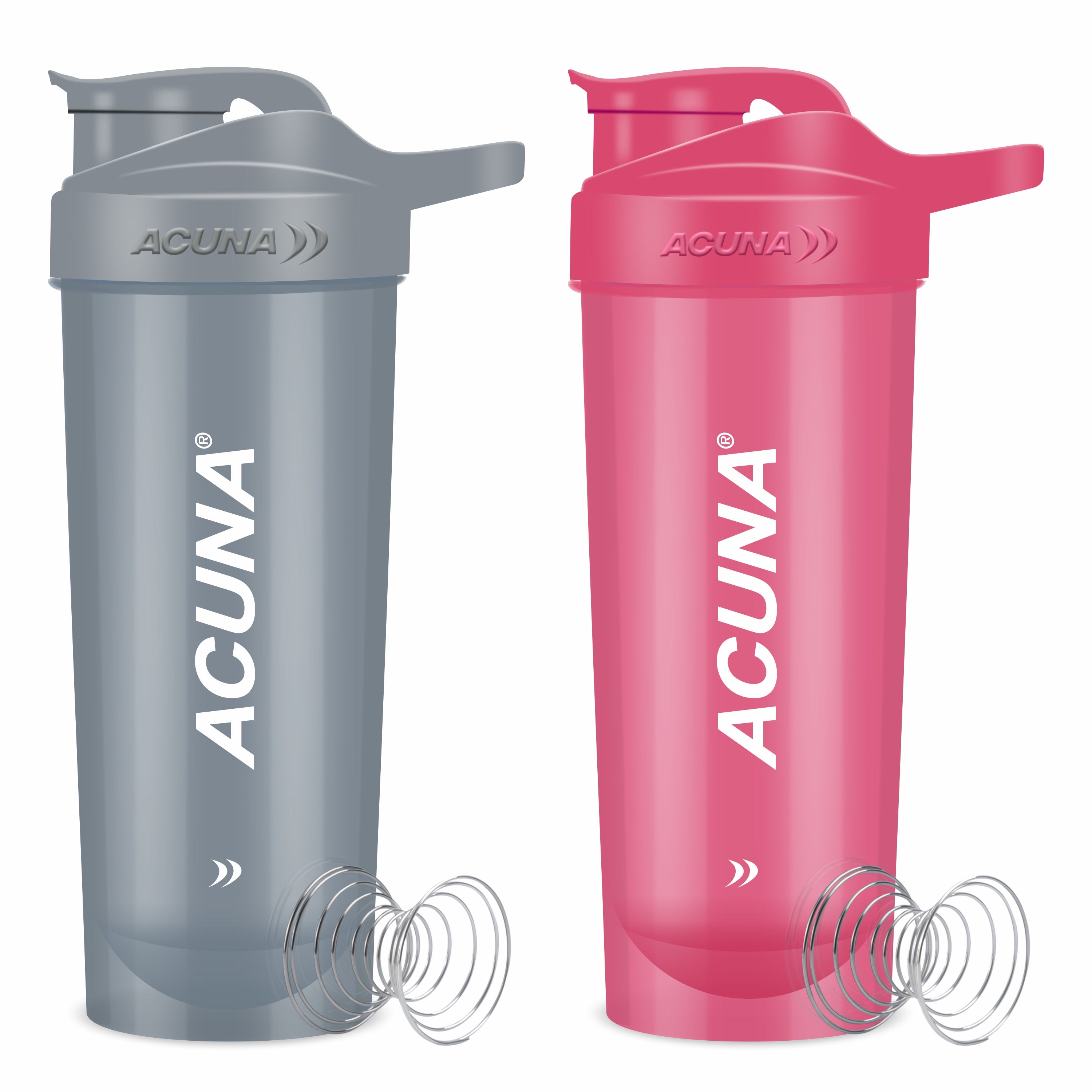 Two shaker bottles featuring the "Acuna" logo, one in pink and grey, the other in pink and black, designed for fitness enthusiasts.
