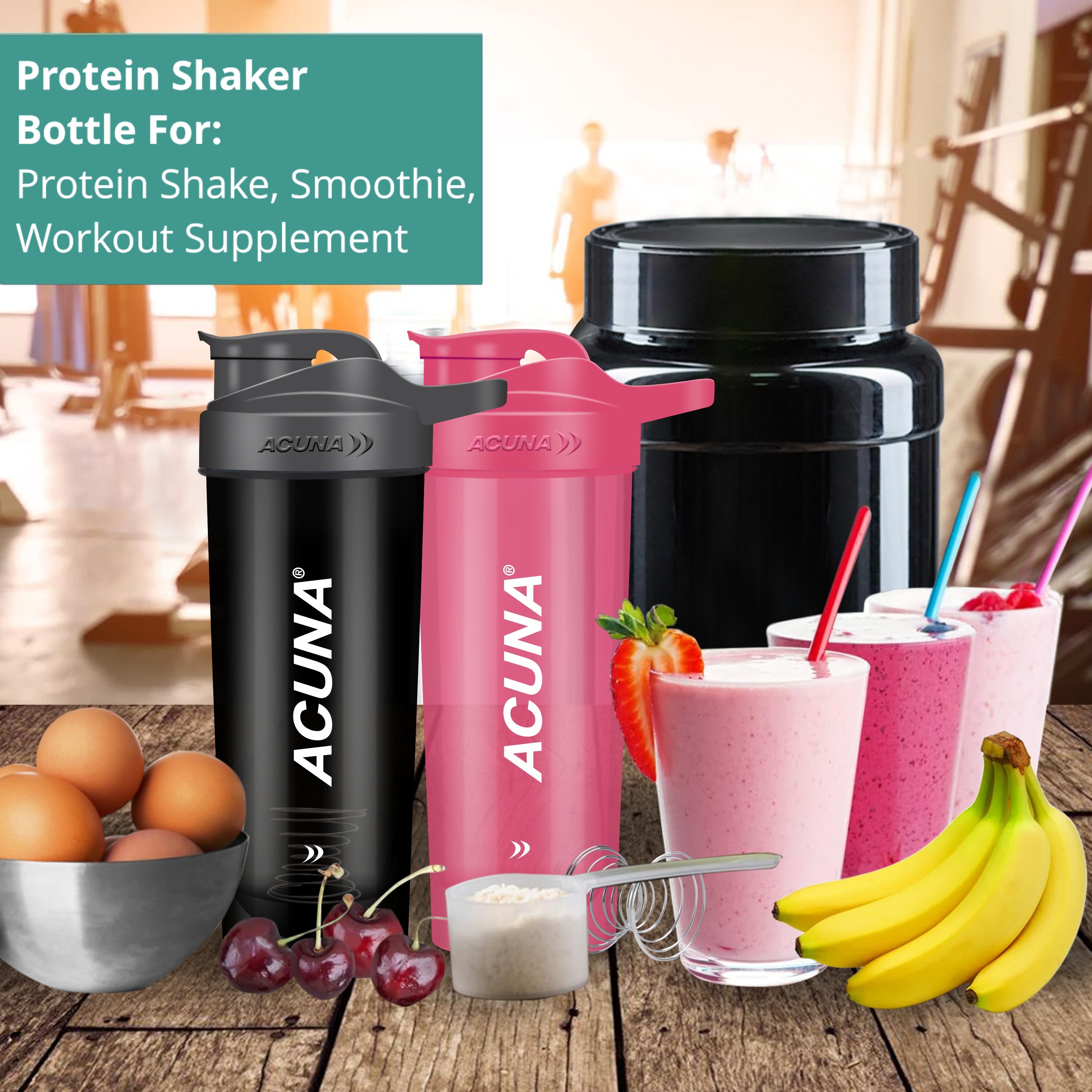 A protein shake smoothie displayed alongside the text "Protein Shake," highlighting fitness and nutrition themes.