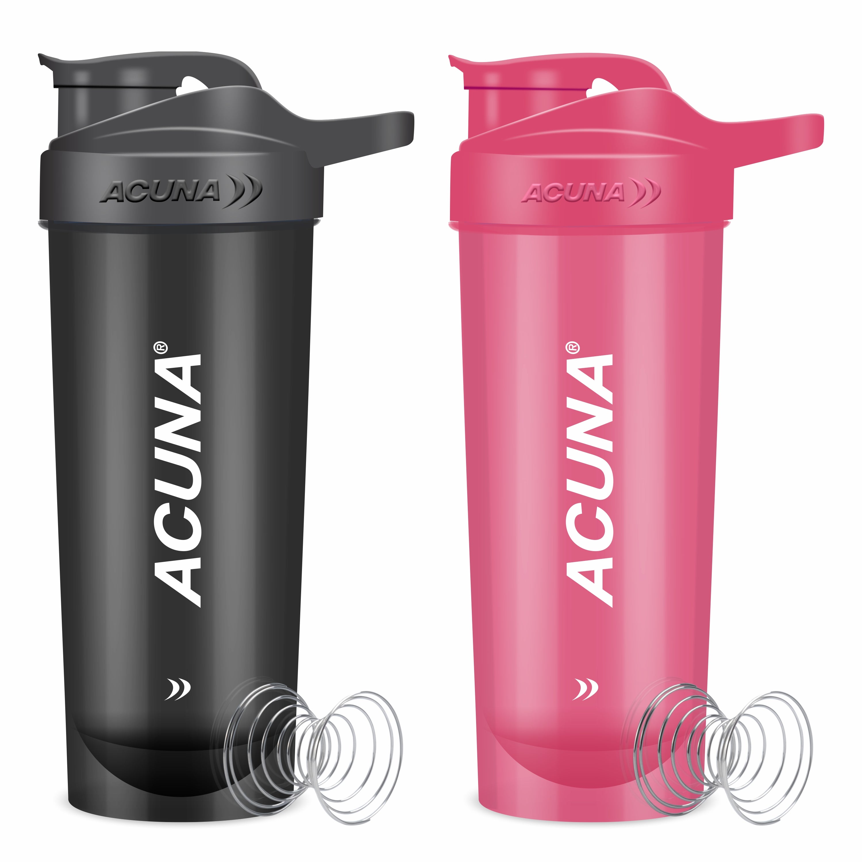 Two shaker bottles featuring the "Acuna" logo, one in pink and grey, the other in pink and black, designed for fitness enthusiasts.