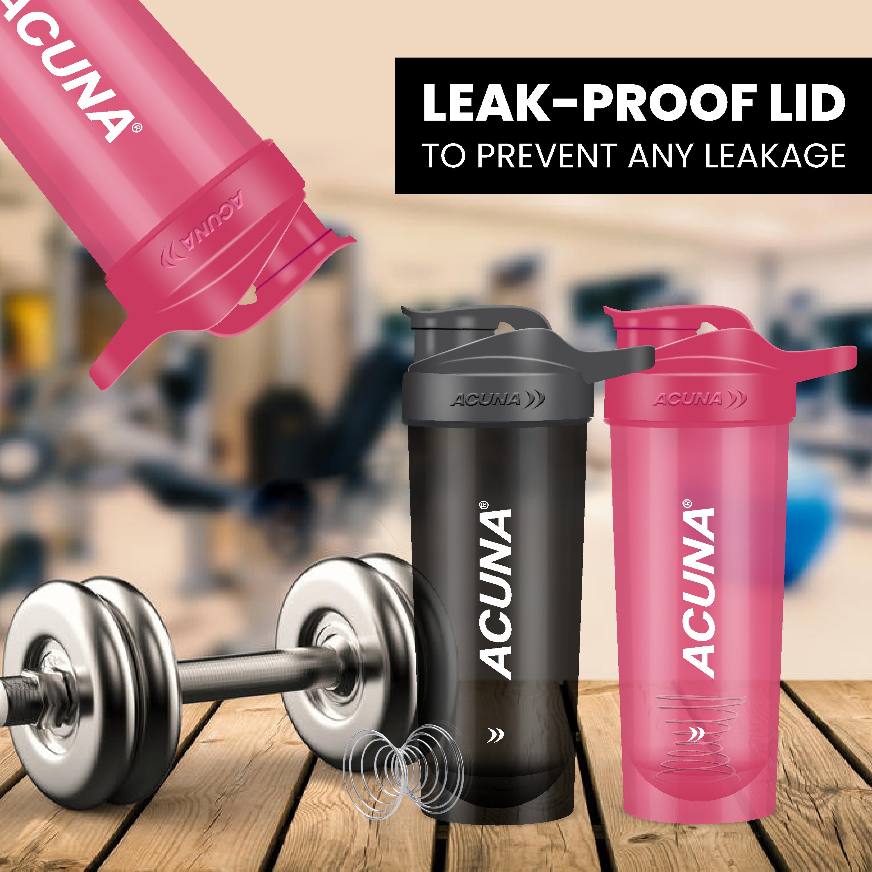 Leak-proof lid designed to prevent spills, ensuring safe and convenient use of Acuna Him & Her Shaker Bottles during workouts.