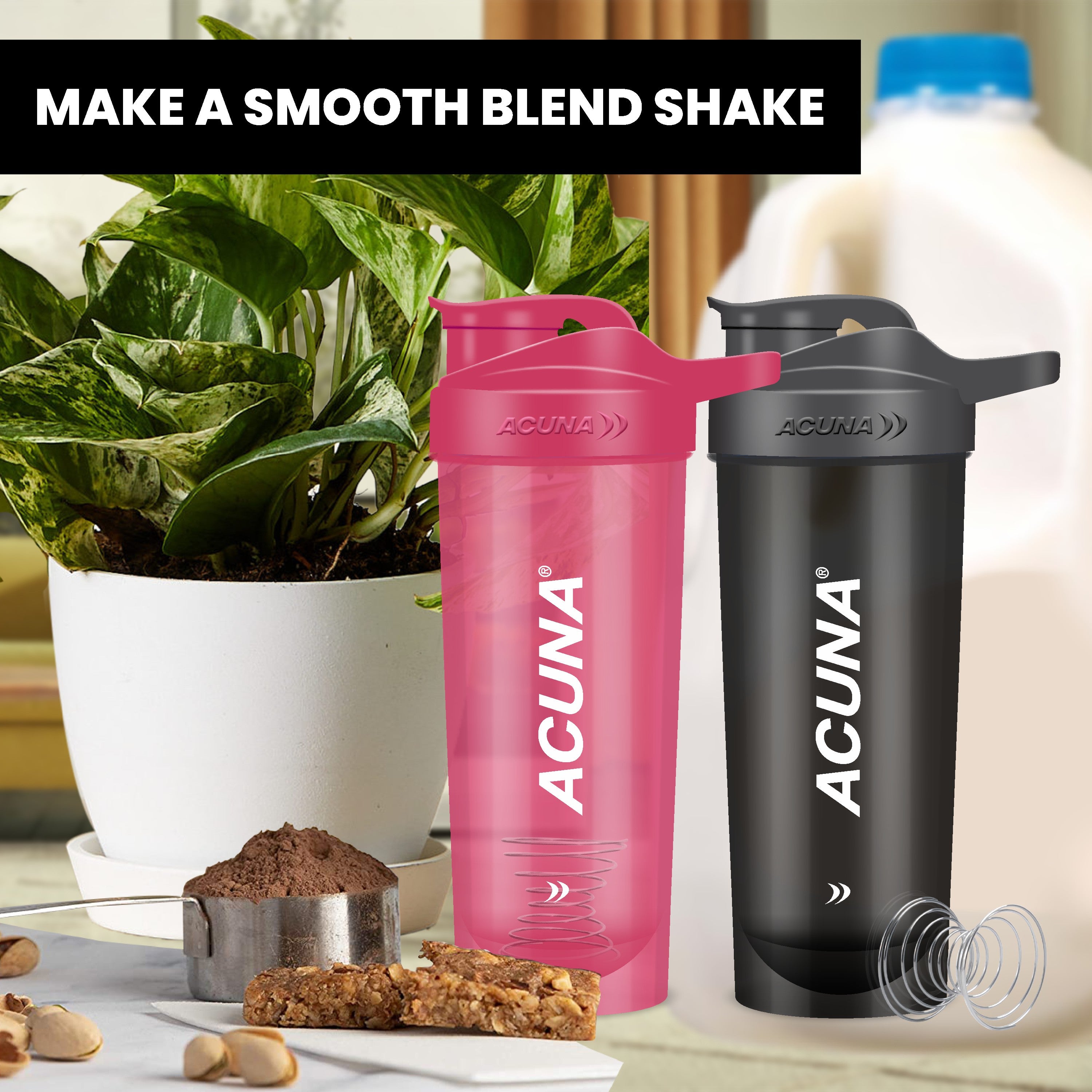 Image of Acuna Him & Her Shaker Bottles in Pink & Grey and Pink & Black, showcasing stylish design and functionality for fitness.