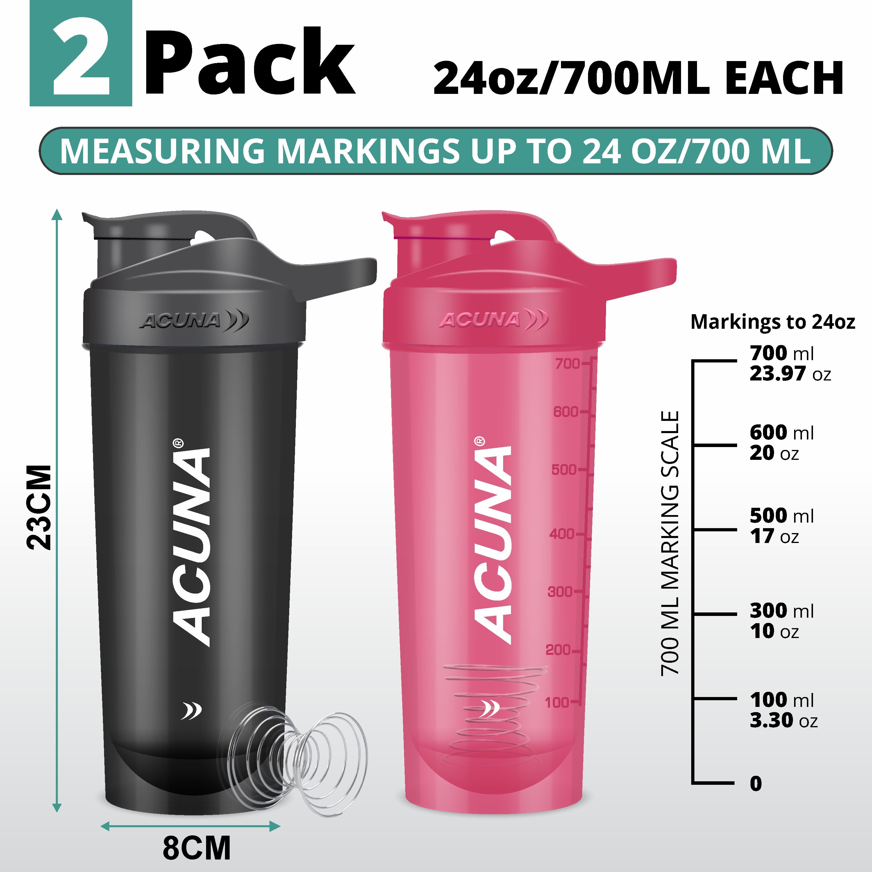 Two Acuna shaker bottles in Pink & Grey and Pink & Black, featuring measurements and a leak-proof lid for fitness use.