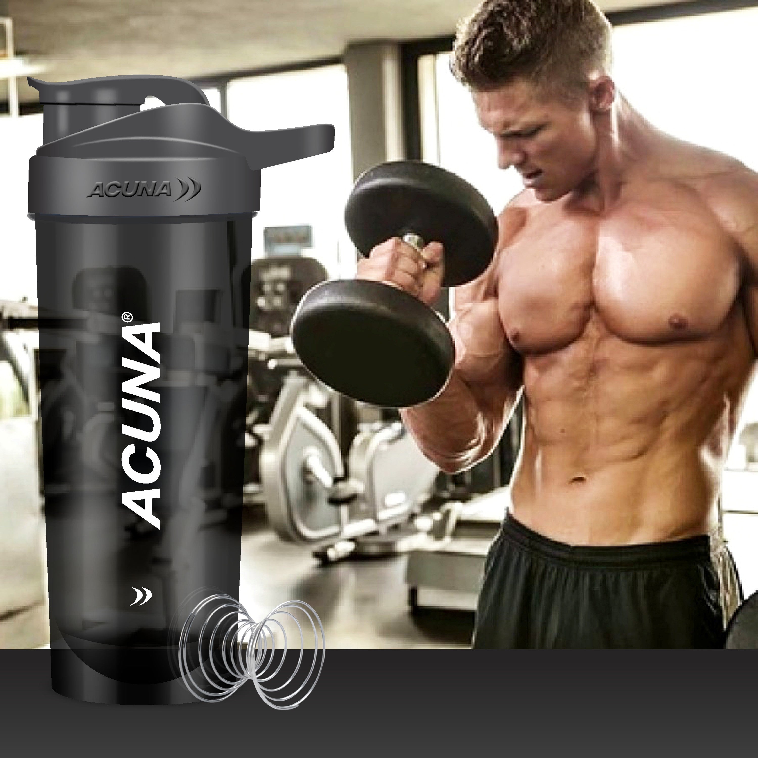 Muscular man lifting dumbbell in the gym with Acuna black shaker bottle in foreground, ideal for fitness and bodybuilding routines.