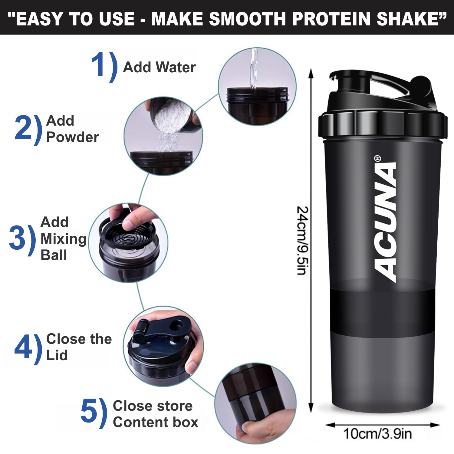 Acuna protein shaker is displayed with a guide, highlighting its innovative three-layer compartment for convenient supplement storage.