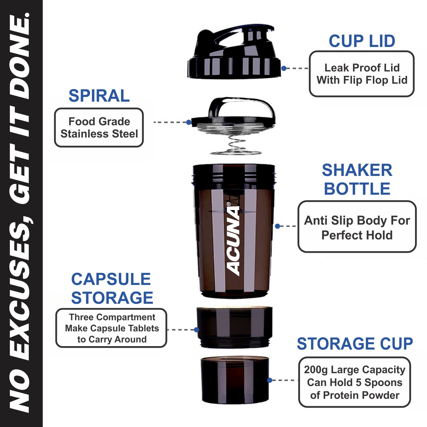 Acuna shaker cup with lid, offering a leak-proof design and 3 compartments for organized storage of protein and supplements.