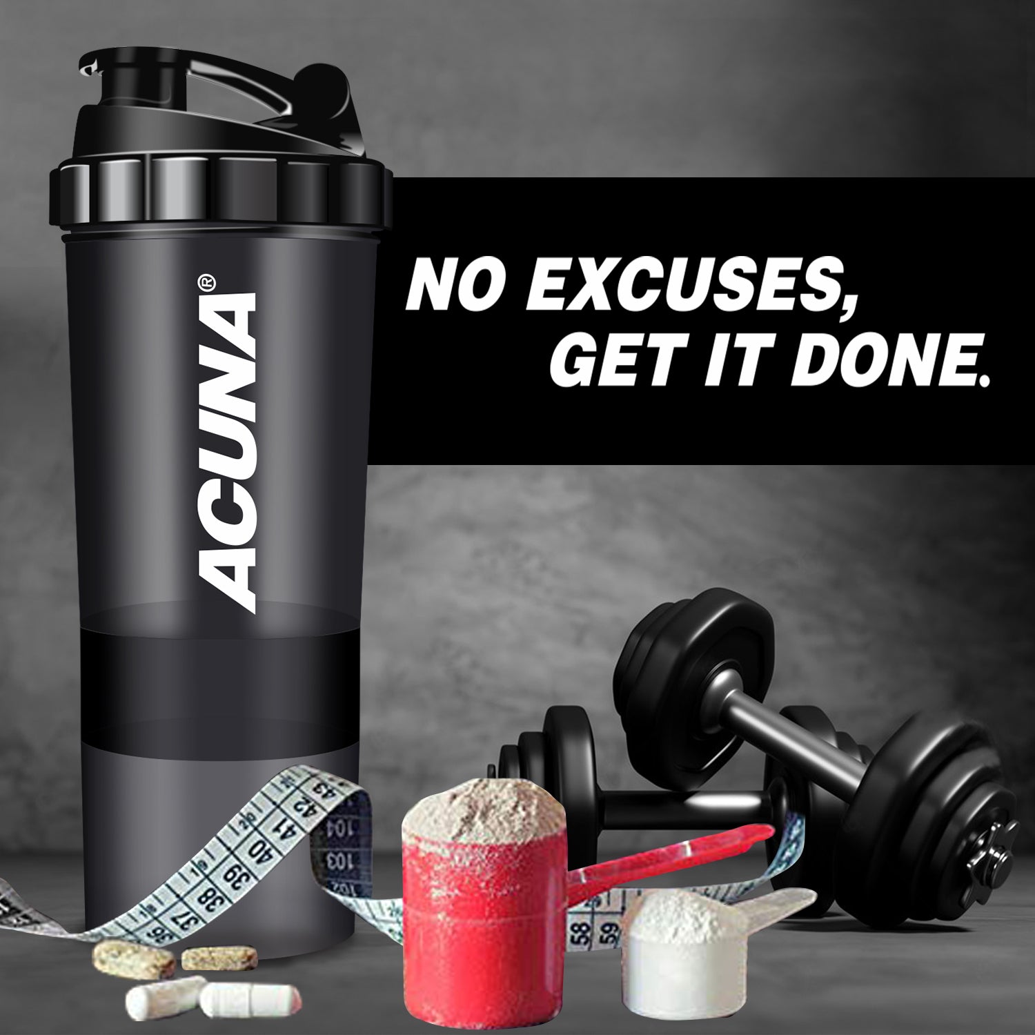 Acuna shaker bottle with three-layer storage for supplements, featuring a leak-proof design and durable, BPA-free materials.