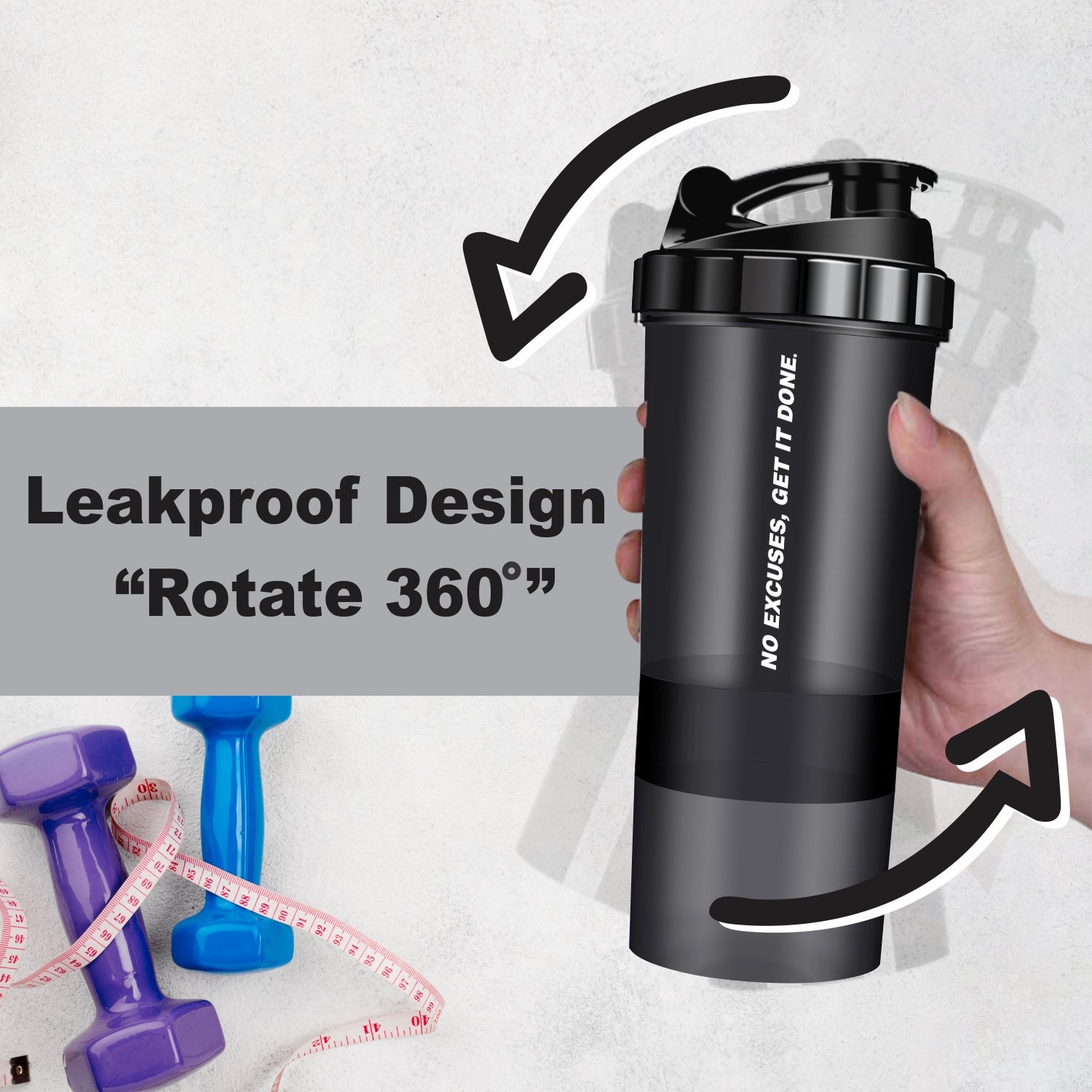 Leakproof shaker bottle with a 360-degree rotation design for easy access to supplements and hydration on the go.
