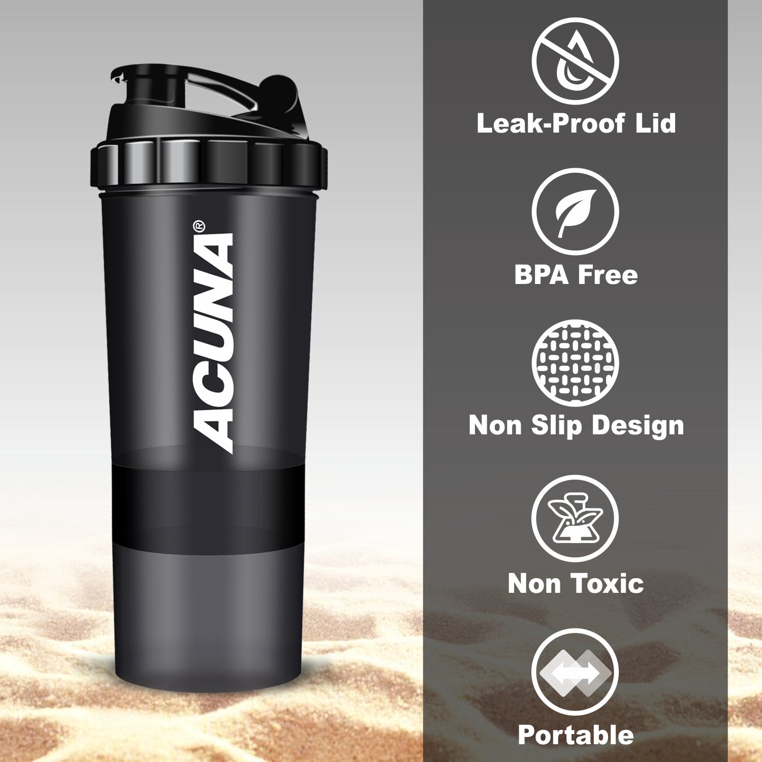 Acuna shaker bottle displayed with "no leak proof design" text, highlighting its innovative features for fitness enthusiasts.