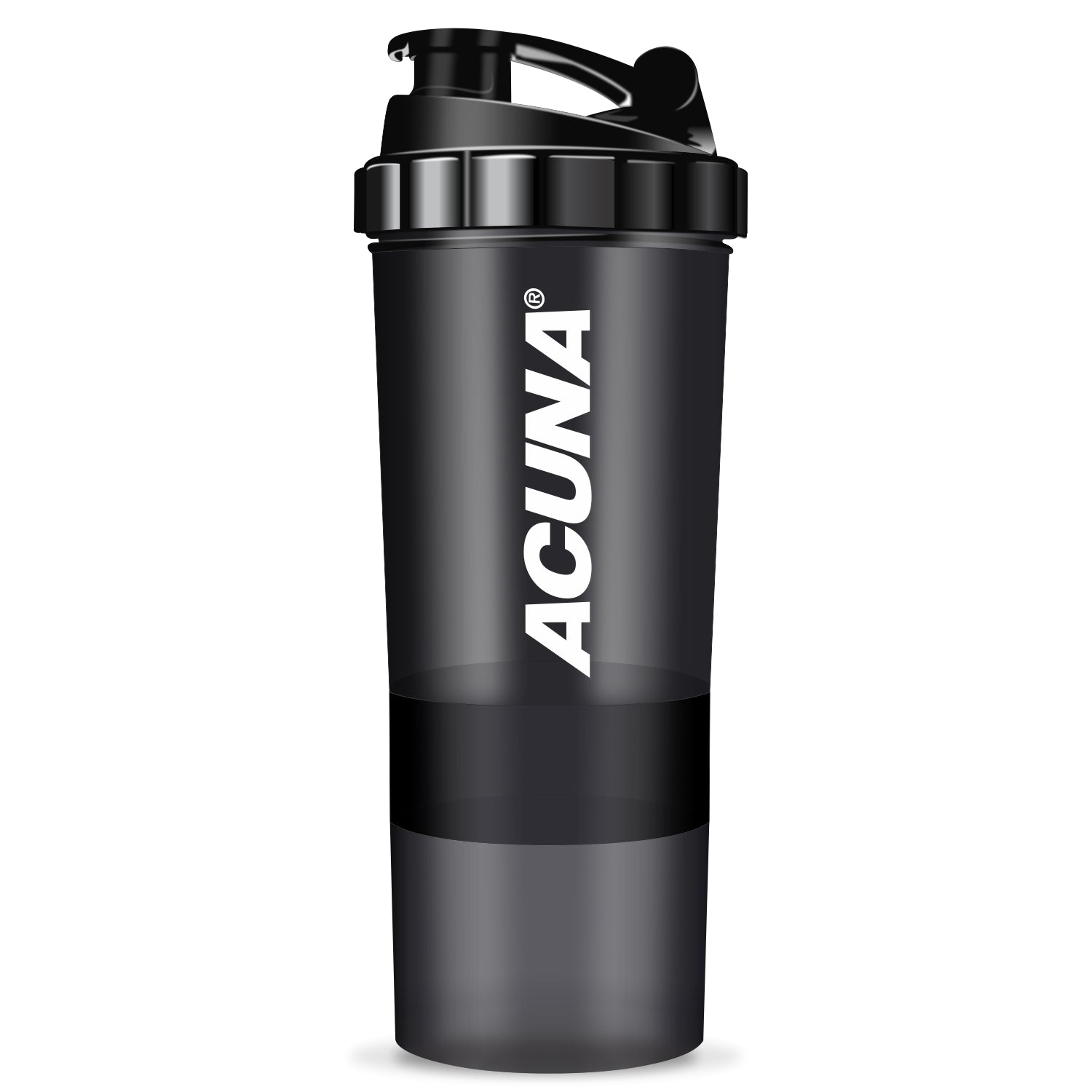 Black "Acuna" shaker bottle with a three-layer storage system for supplements.