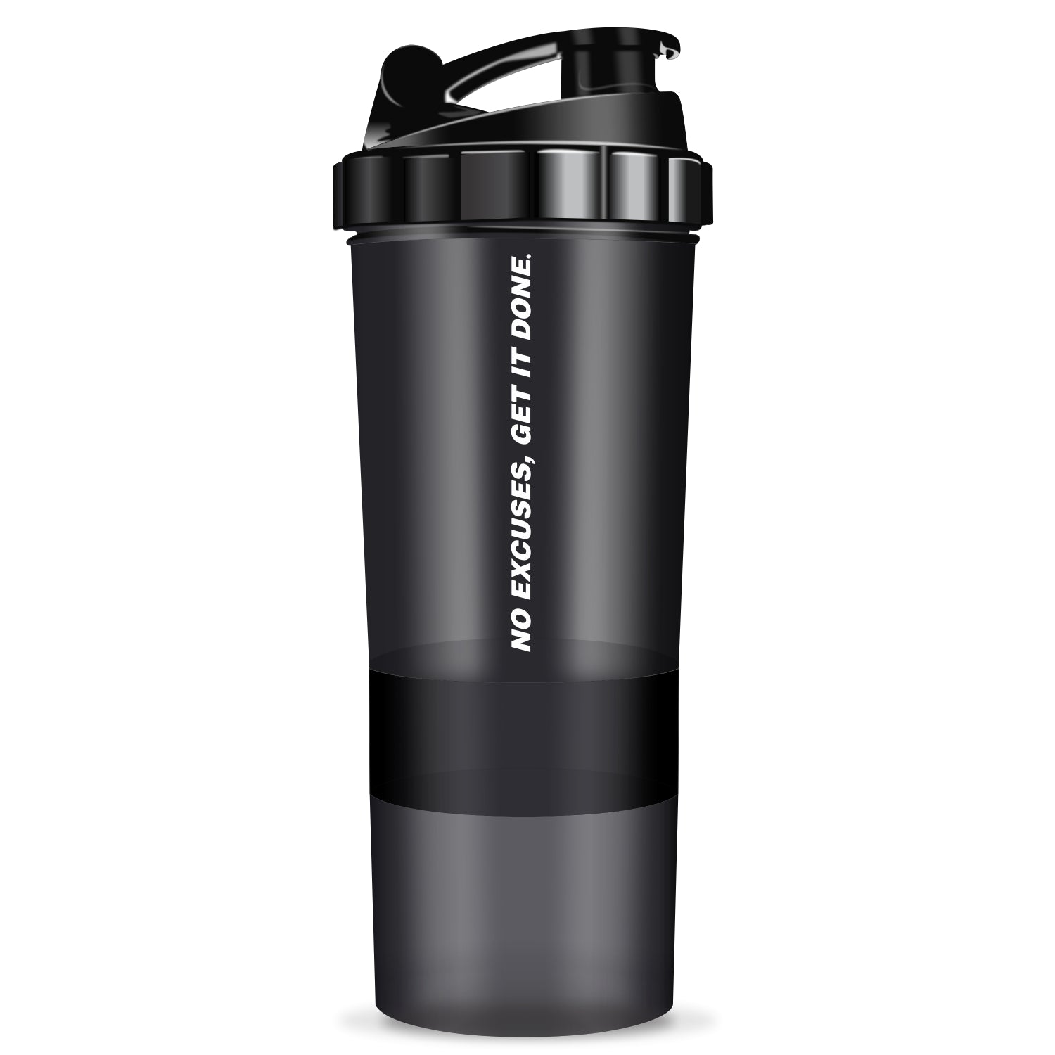 Black shaker bottle on a white background, showcasing its sleek design and three-layer storage for fitness supplements
