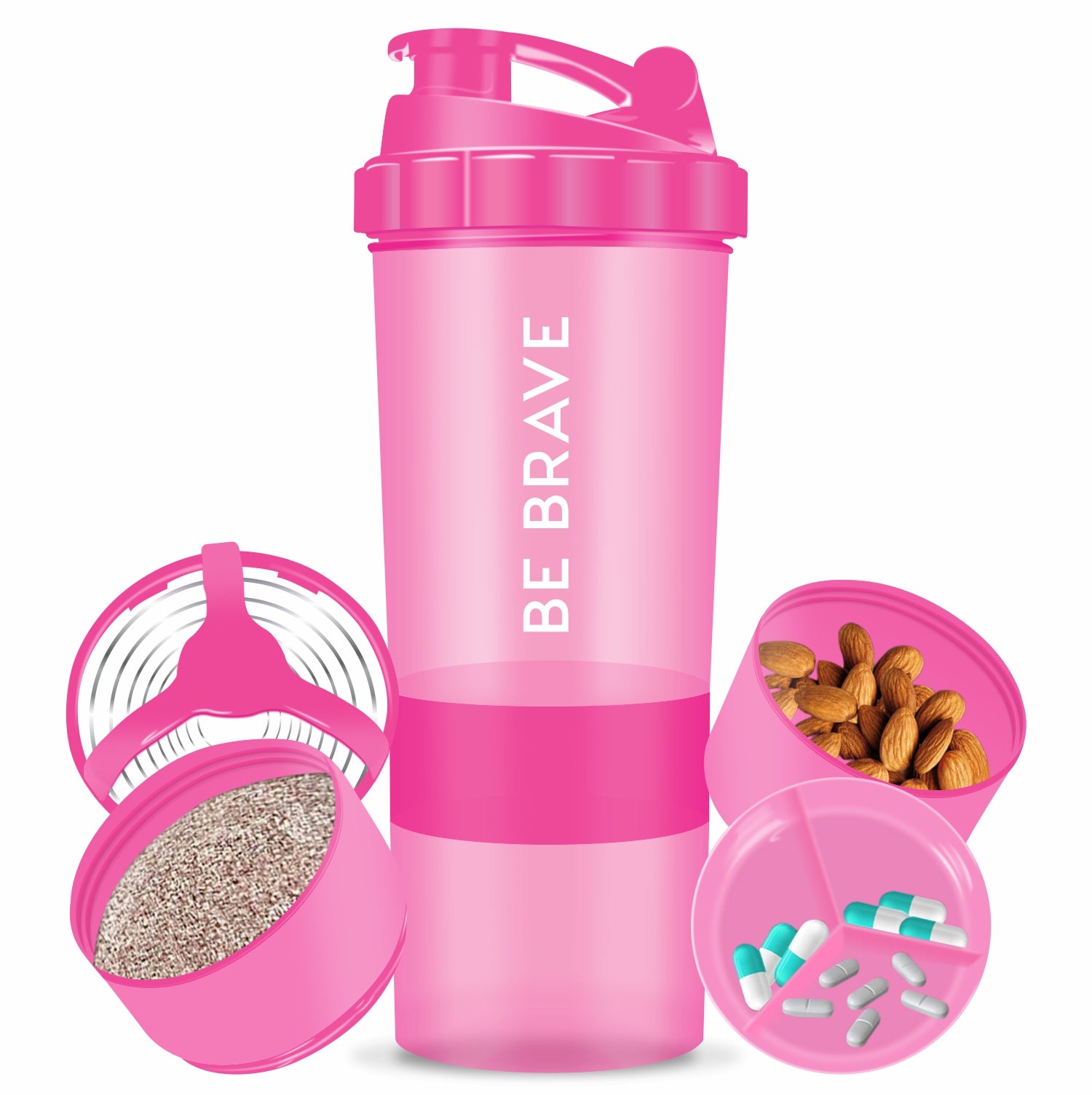 Pink shaker bottle with "Be Brave" written on it, designed for fitness use with a 3-layer storage system for supplements.