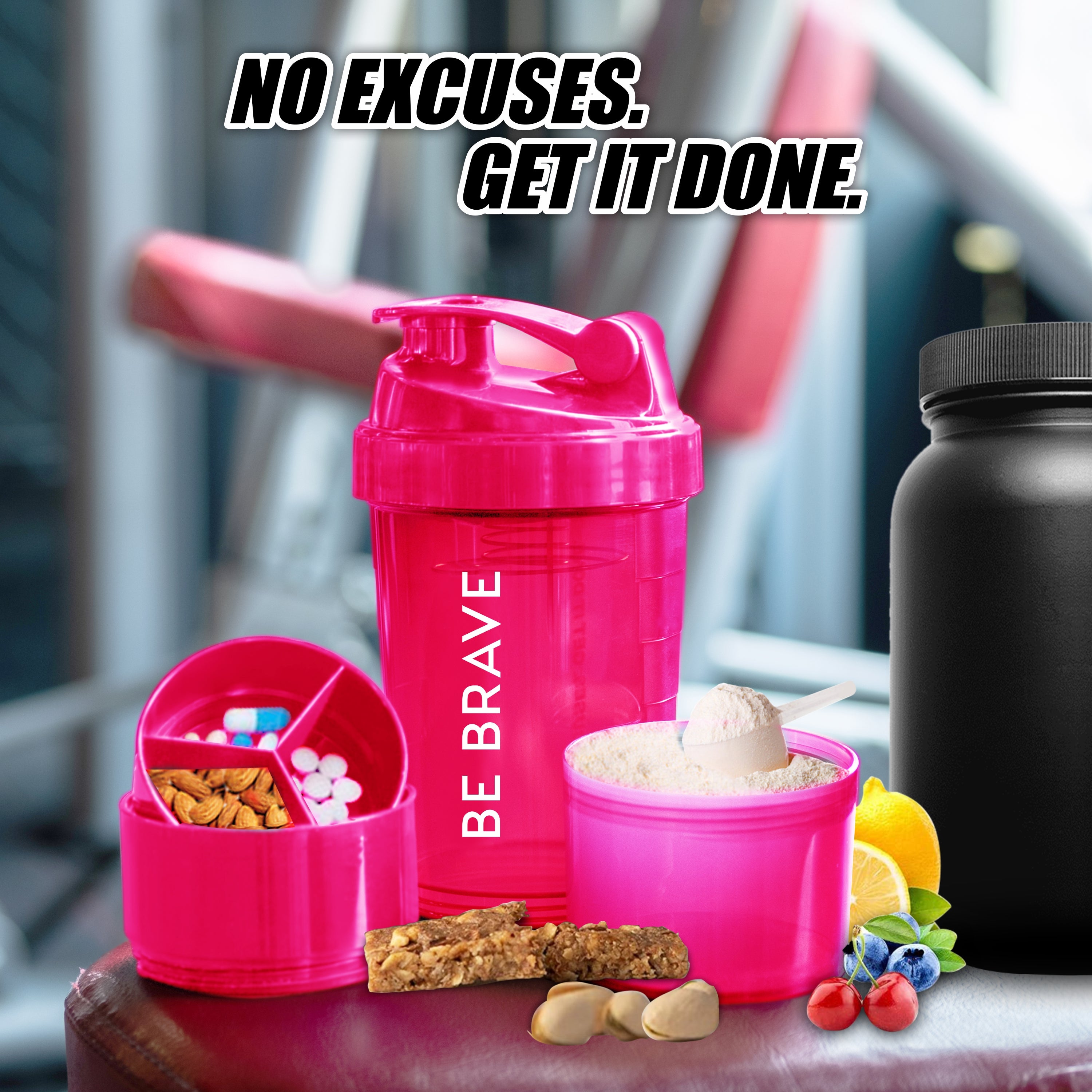 Pink Acuna shaker bottle with a black lid, featuring a "Be Brave" slogan and 3-layer storage for fitness enthusiasts.