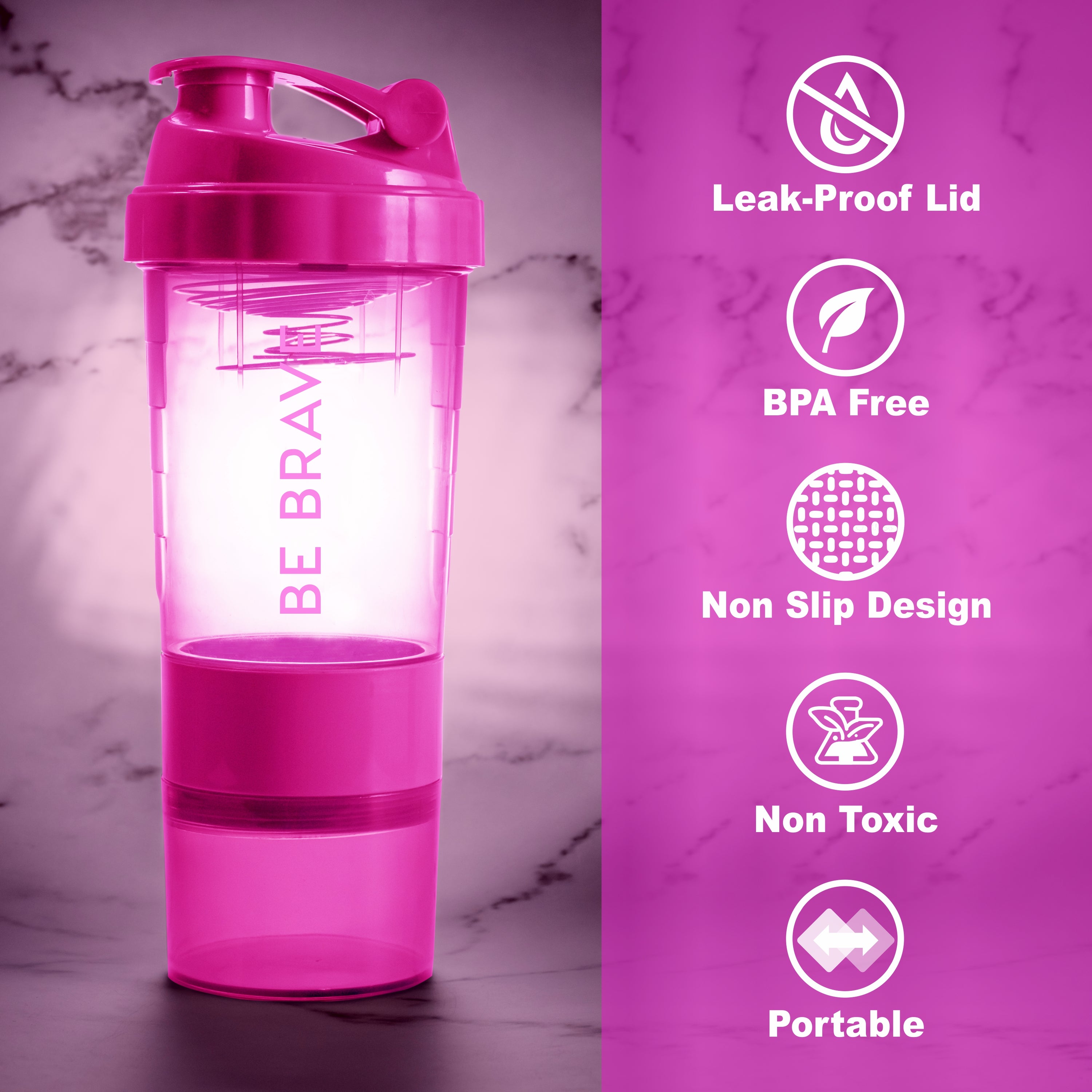 Pink protein shaker bottle with leak-proof lid, BPA-free, non-slip design, non-toxic, and portable features.