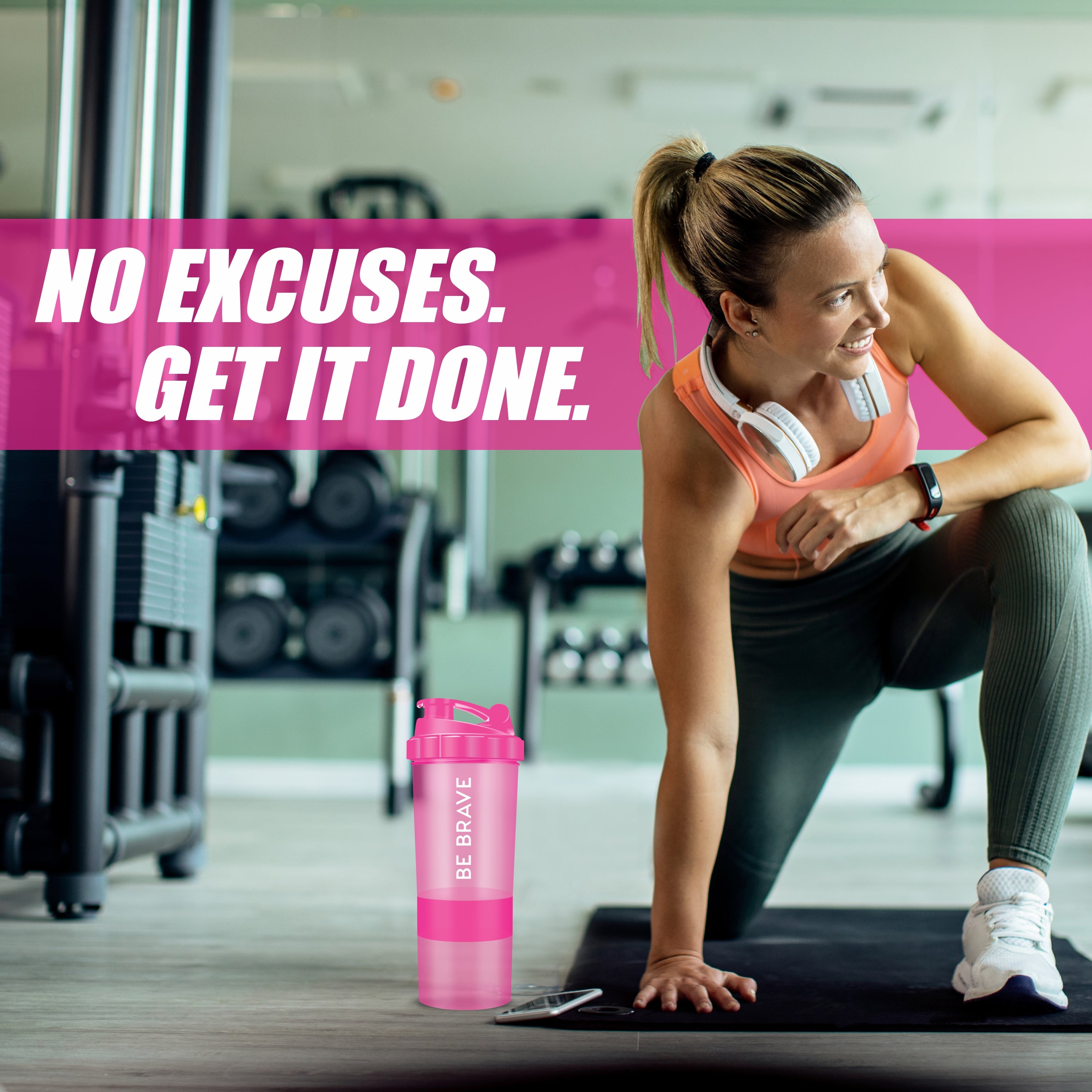 Acuna "Be Brave" shaker bottle in pink, featuring a 3-layer storage system and the phrase "No Excuses, Get It Done" for inspiration.