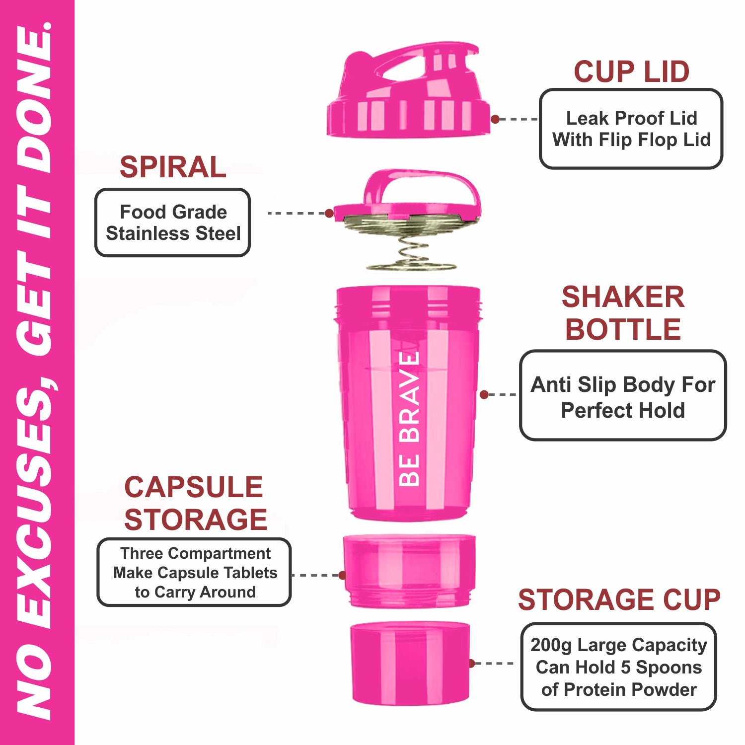 Pink Acuna "Be Brave" shaker bottle with 3-layer storage for supplements, featuring a motivational design and leak-proof lid.