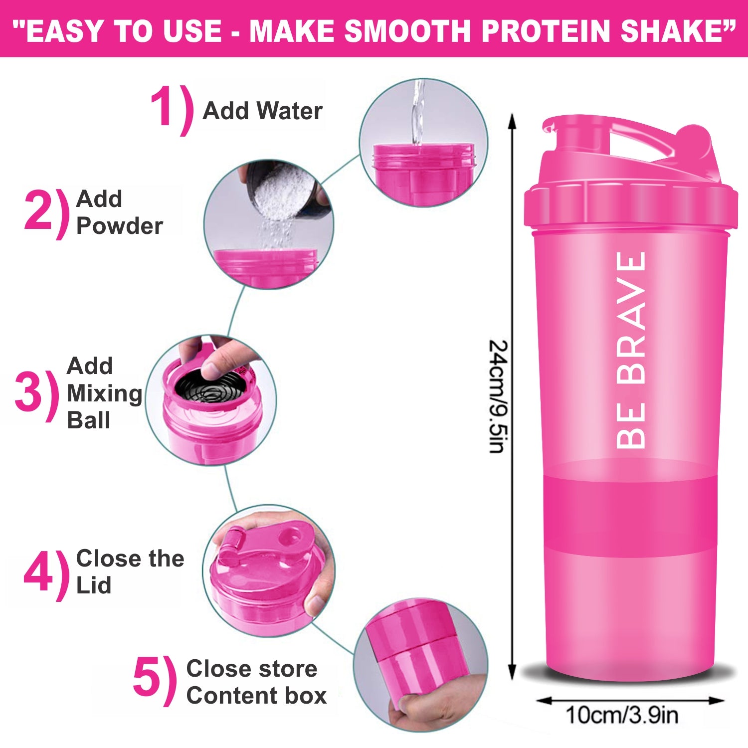 Pink protein shaker bottle with a step-by-step guide for making smooth protein shakes, 24cm tall.