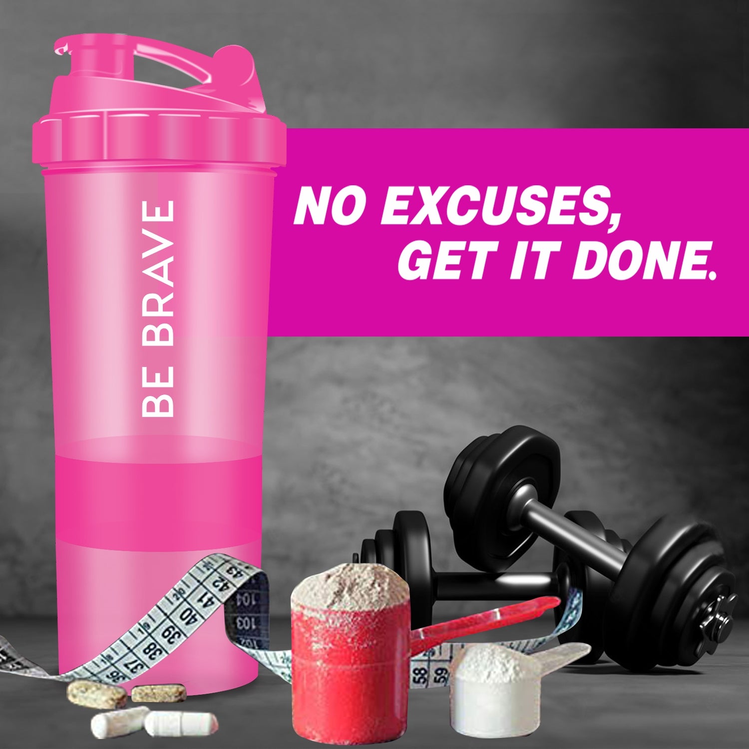 Acuna "Be Brave" shaker bottle in pink, showcasing a motivational message and a smart 3-layer storage design for fitness.