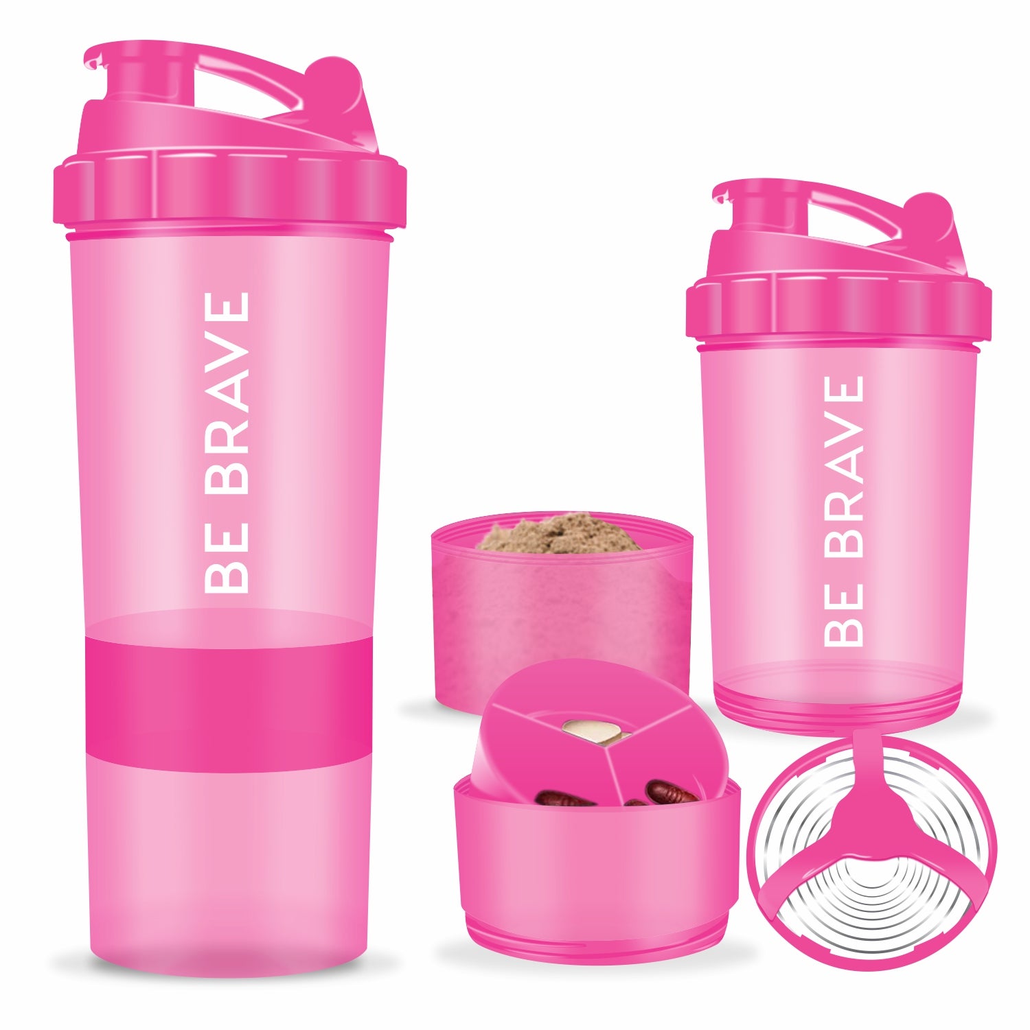 Acuna pink "Be Brave" shaker bottle with 3 compartments for supplements and a leak-proof lid.