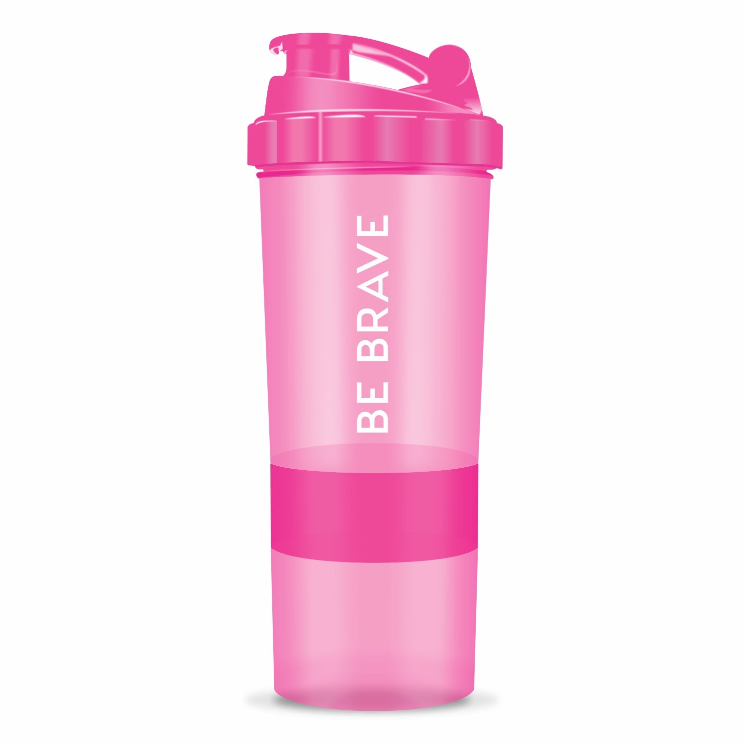 Acuna "Be Brave" shaker bottle in pink, designed with 3 compartments for supplements and a secure, leak-proof lid for workouts.