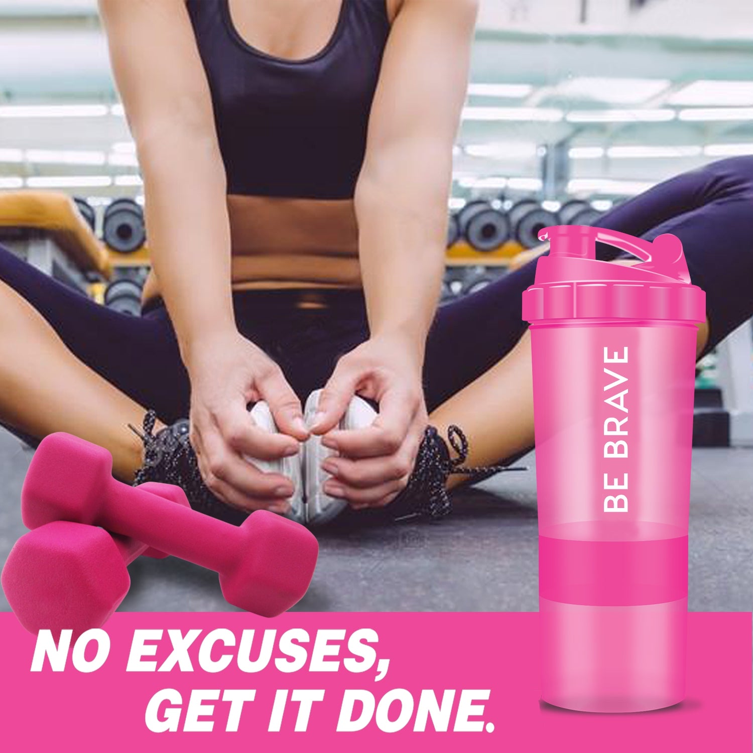 A woman exercises with a pink "Be Brave" Acuna shaker bottle, showcasing its stylish design and 3-layer storage system.
