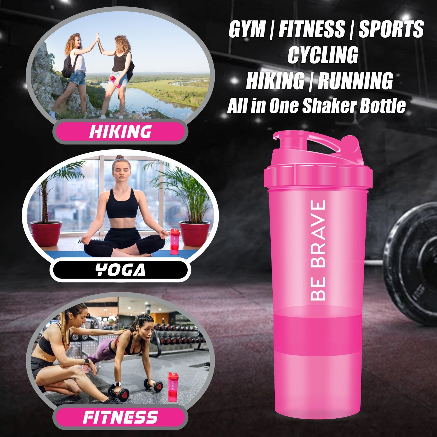 Acuna "Be Brave" shaker bottle in pink, designed with 3 compartments for supplements and a secure, leak-proof lid for workouts.