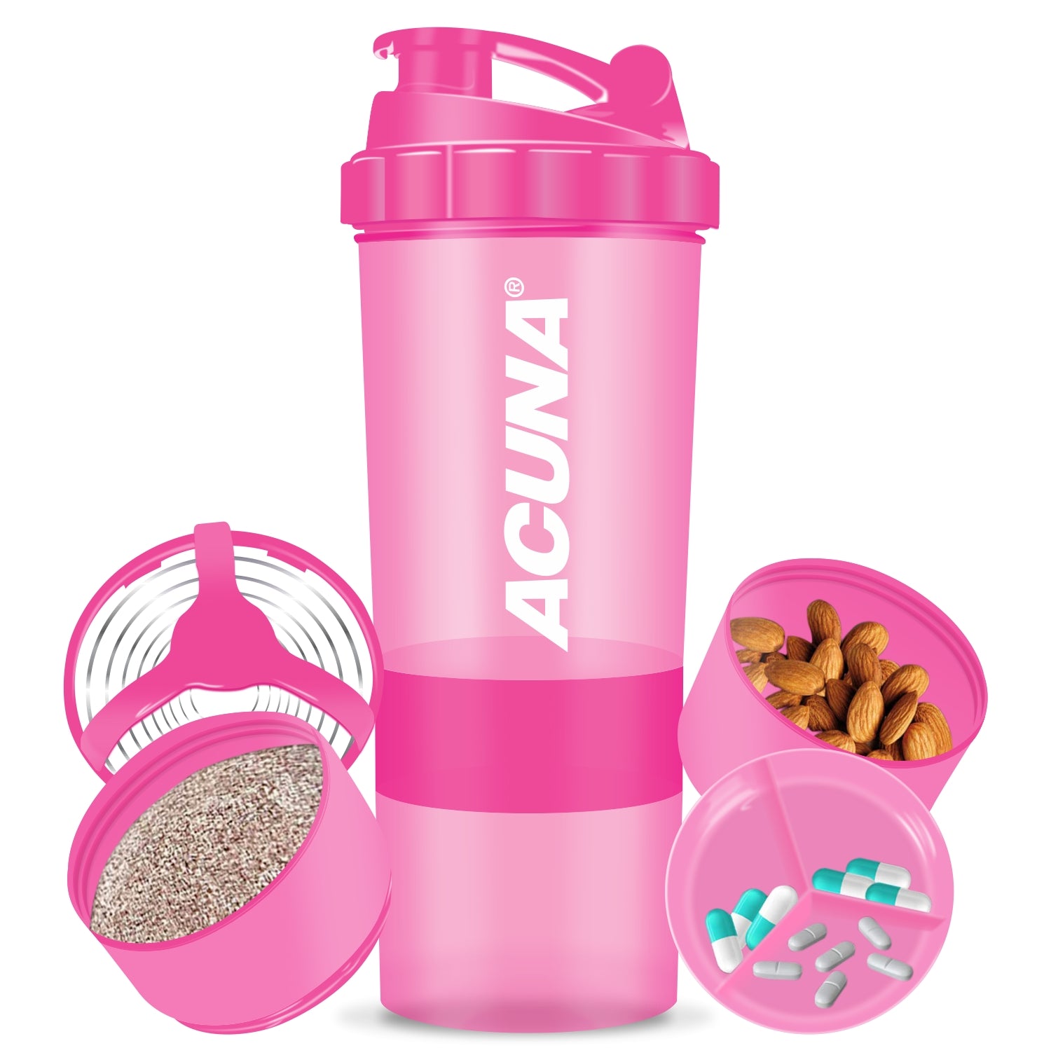 Stylish pink Acuna shaker bottle with three-layer storage for protein and supplements, designed for convenience and durability.